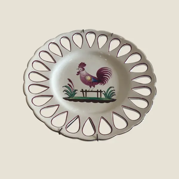 Antique Majolica Plate, 1800s French Perforated Ceramic, Hand Painted Wall Decor