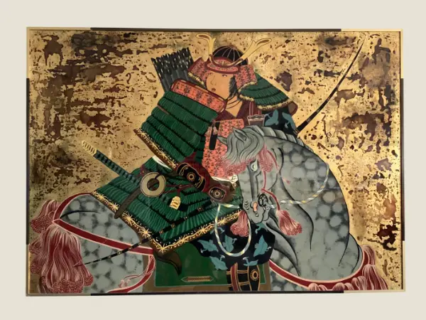 Pop Art Painting | 1970s Acrylic Gold Leaf Samurai, Japanese Warrior Bold Colors