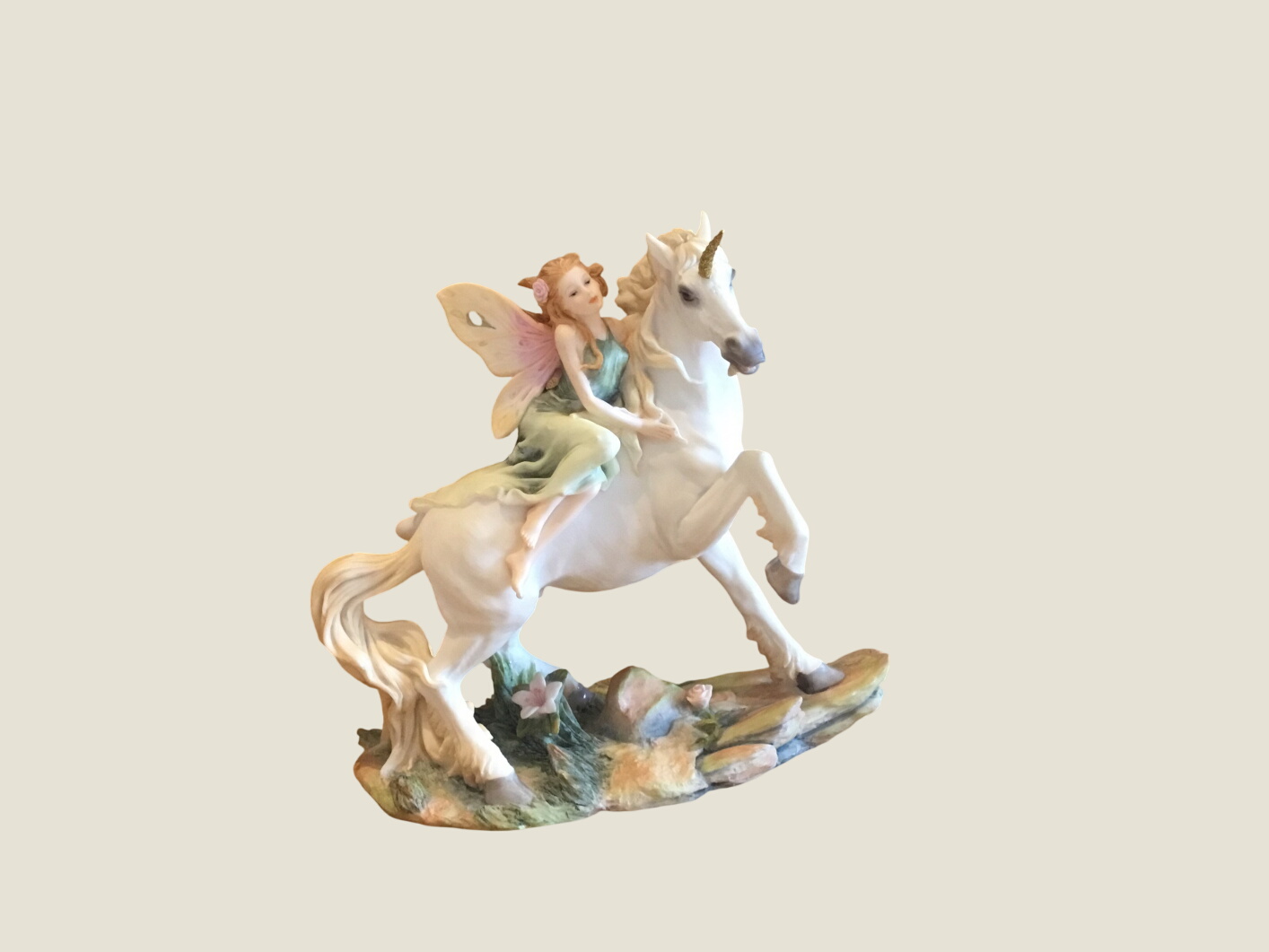 Fantasy Figurine Fairy on White Unicorn Veronese Polystone Sculpture