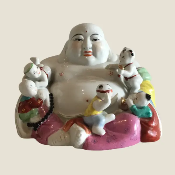Vintage Porcelain Buddha | 1950s Chinese Laughing Buddha with Children, Hand Painted