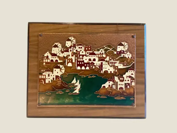 Vintage Wall Art Greek Enamel Metal Plaque by AETHRA, 1950s Mid Century Santorini