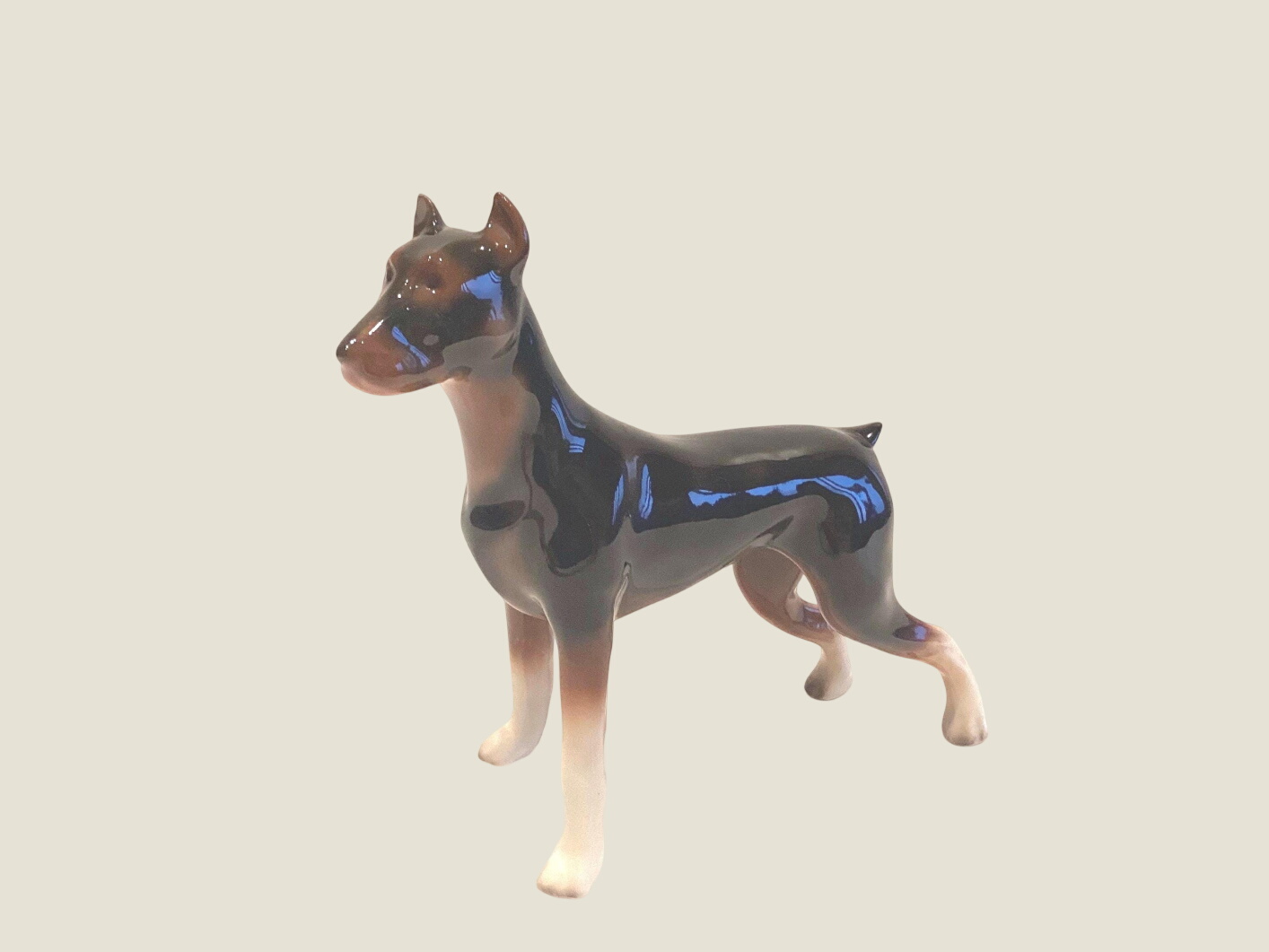 Vintage Porcelain Figurine | 1930s Czechoslovakia Dobermann Dog, Hand Painted Collectible