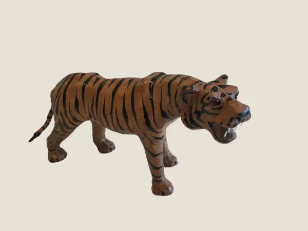 Vintage Sculpture | 1950s French Tiger, Handmade Papier-Mâché & Leather Art