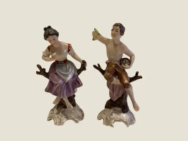 Vintage Porcelain Figurines | 1940s Capodimonte Italy Pair, Man & Woman on Tree Trunk