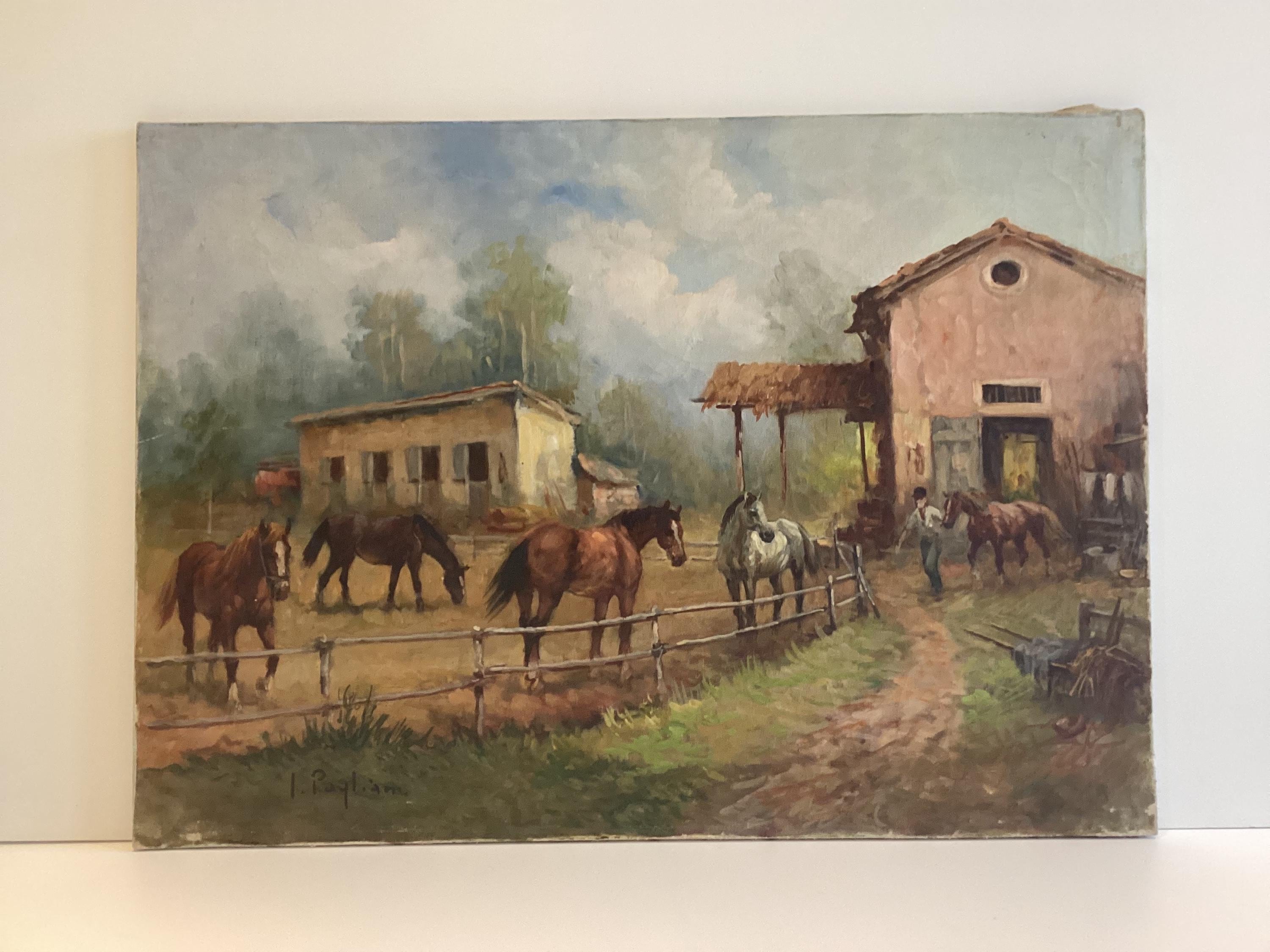 Vintage Oil Painting | Inigio Pagliani 1982 "Maneggio", Italian Equestrian Scene — photo 2 of 10