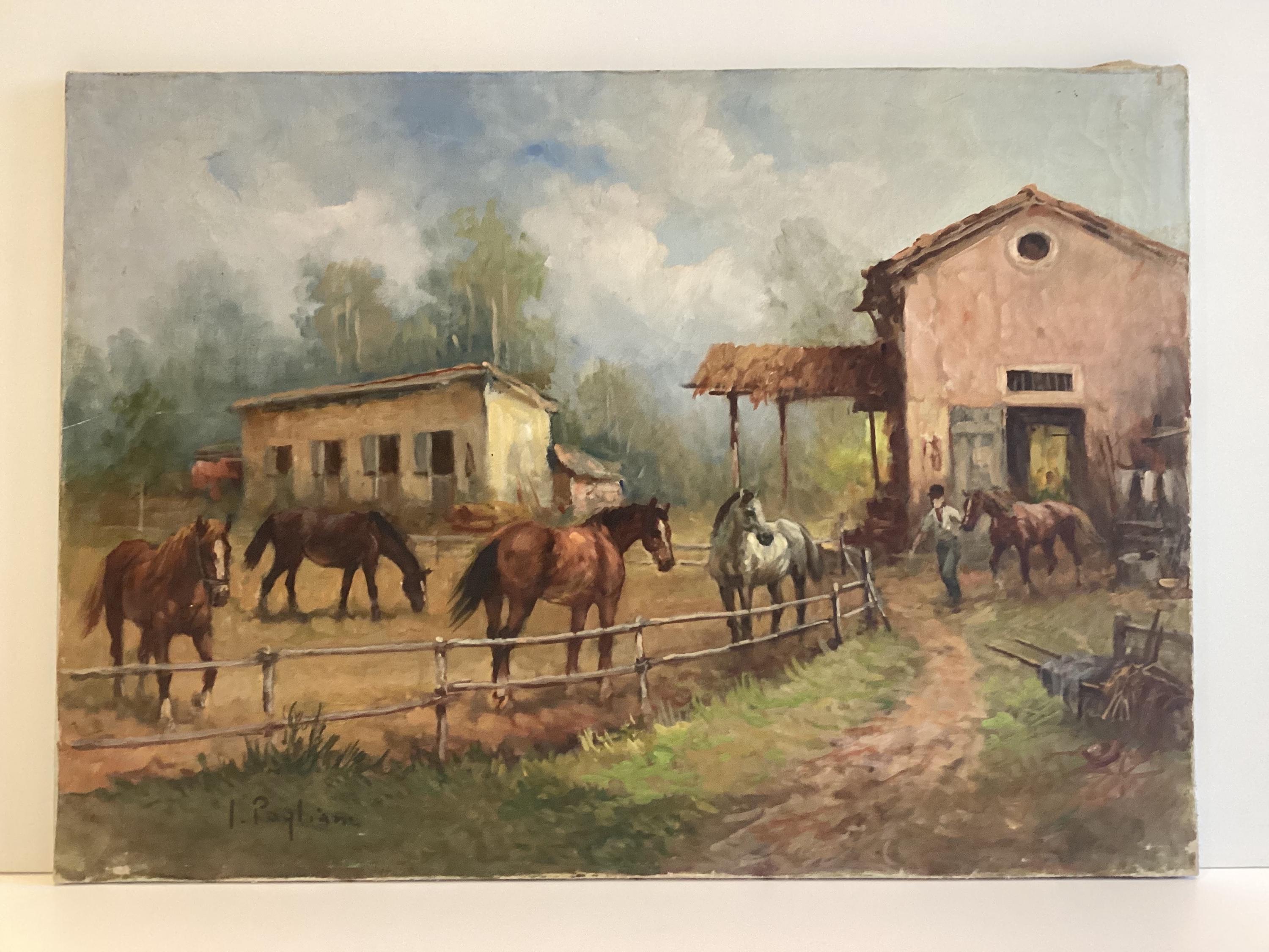 Vintage Oil Painting | Inigio Pagliani 1982 "Maneggio", Italian Equestrian Scene — photo 3 of 10