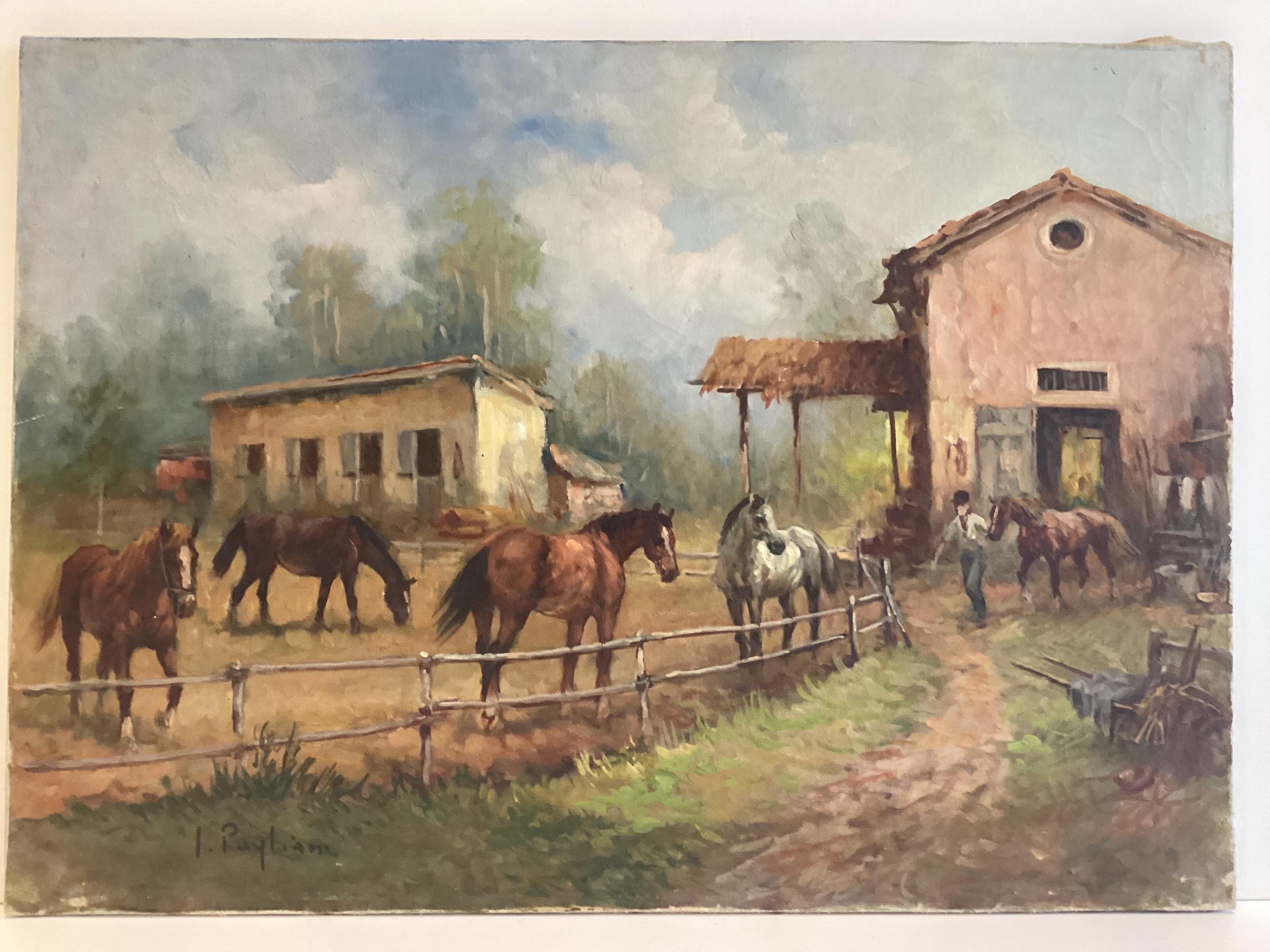Vintage Oil Painting | Inigio Pagliani 1982 "Maneggio", Italian Equestrian Scene — photo 5 of 10