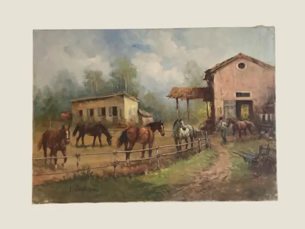Vintage Oil Painting | Inigio Pagliani 1982 "Maneggio", Italian Equestrian Scene