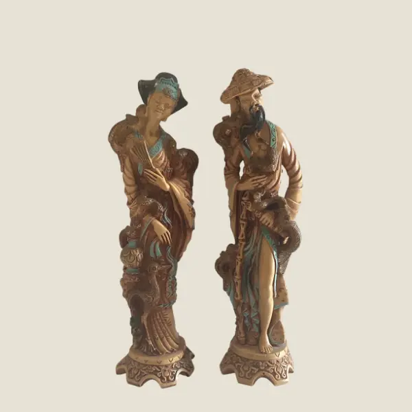 Vintage Figurines | 1950s Chinese Ivory Resin Statues, Pair of Marked Deities