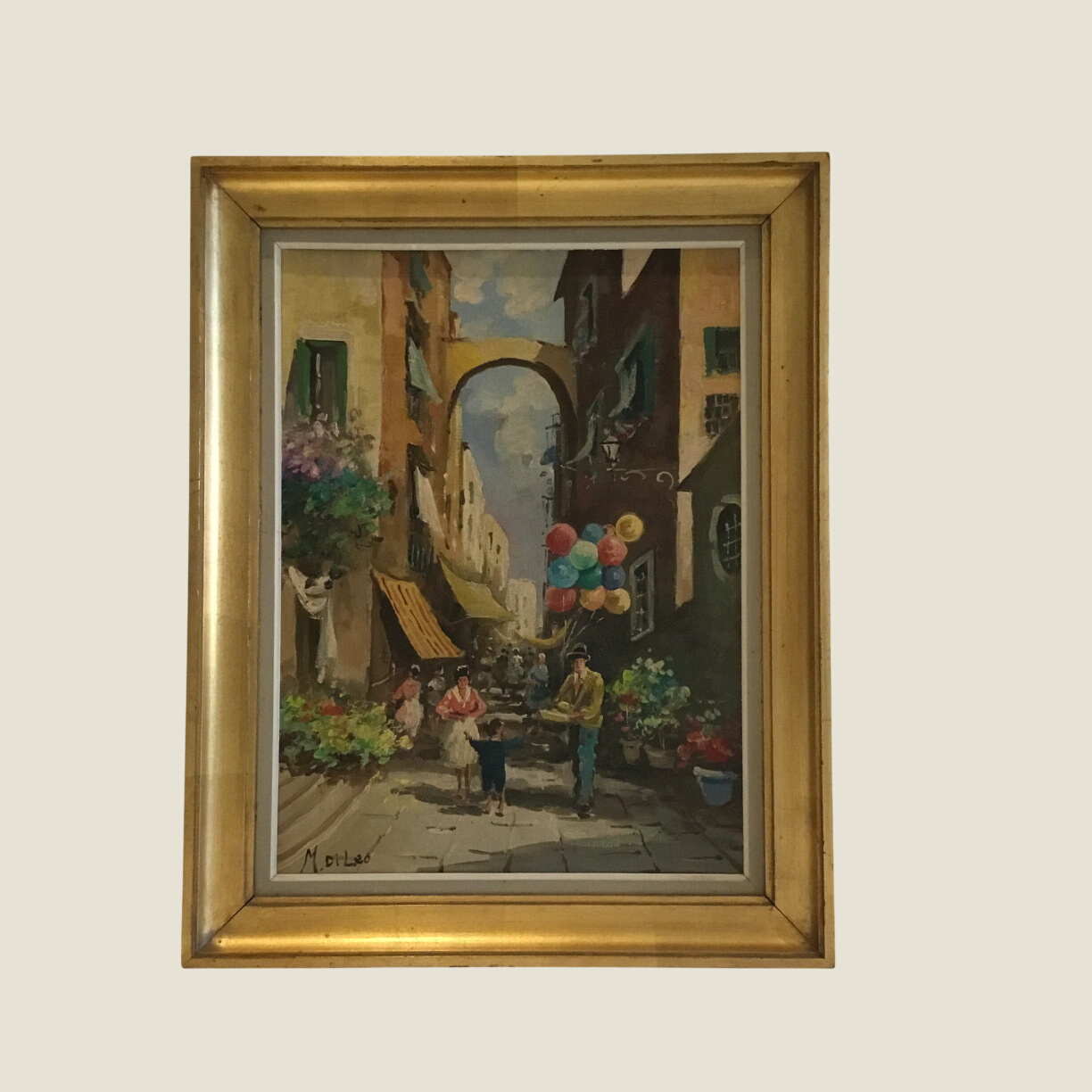 Vintage Italian Painting | 1930s Naples Market Scene by M. Di Leo, Signed Oil Canvas
