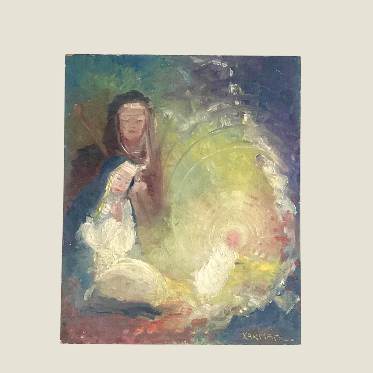 Vintage Religious Painting 1950s Madonna and Child with Mary Magdalene, Coptic Ethiopian Style