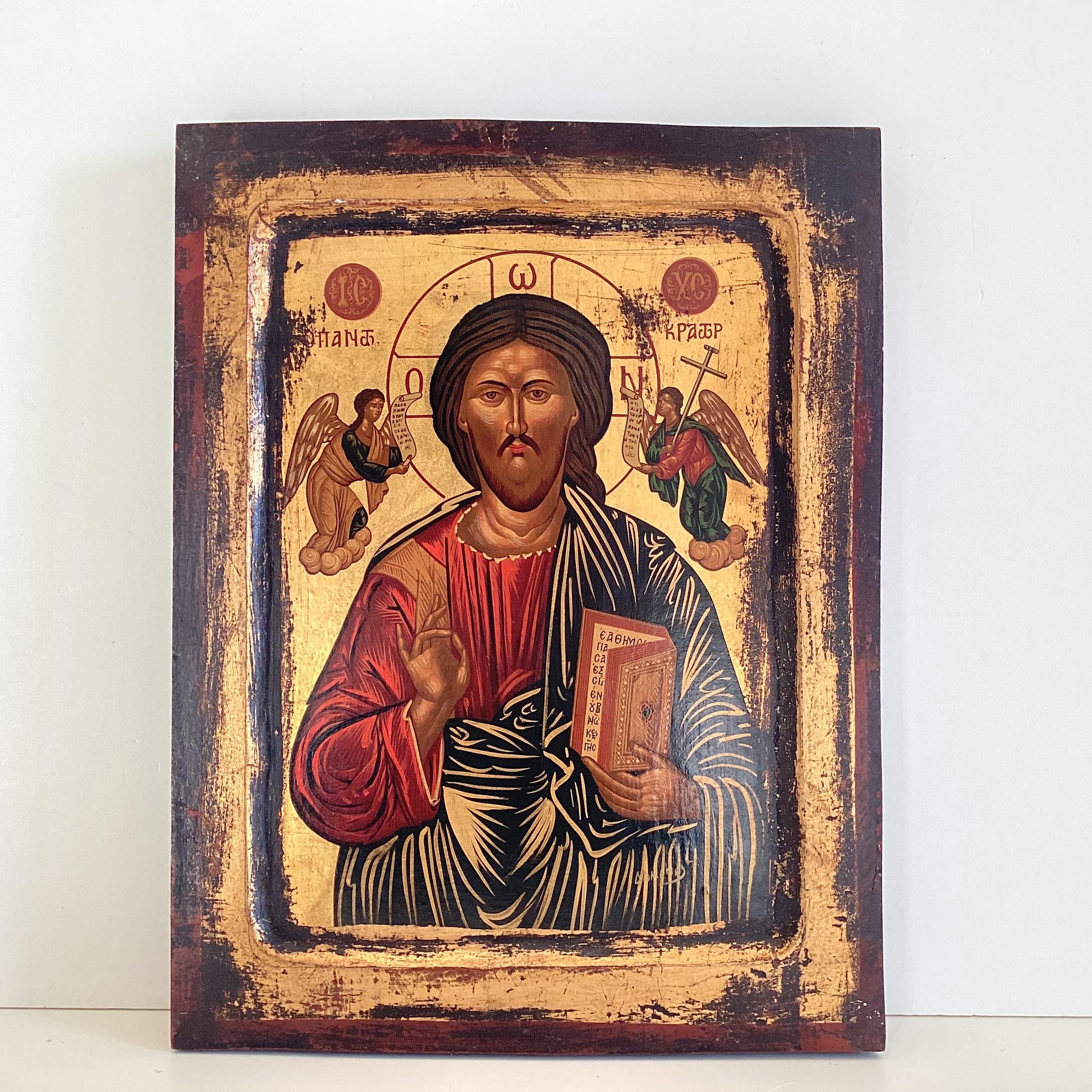 Vintage Orthodox Icon | 1950s Christ Pantocrator Greece, Egg Tempera Gold on Wood Certified — photo 2 of 11