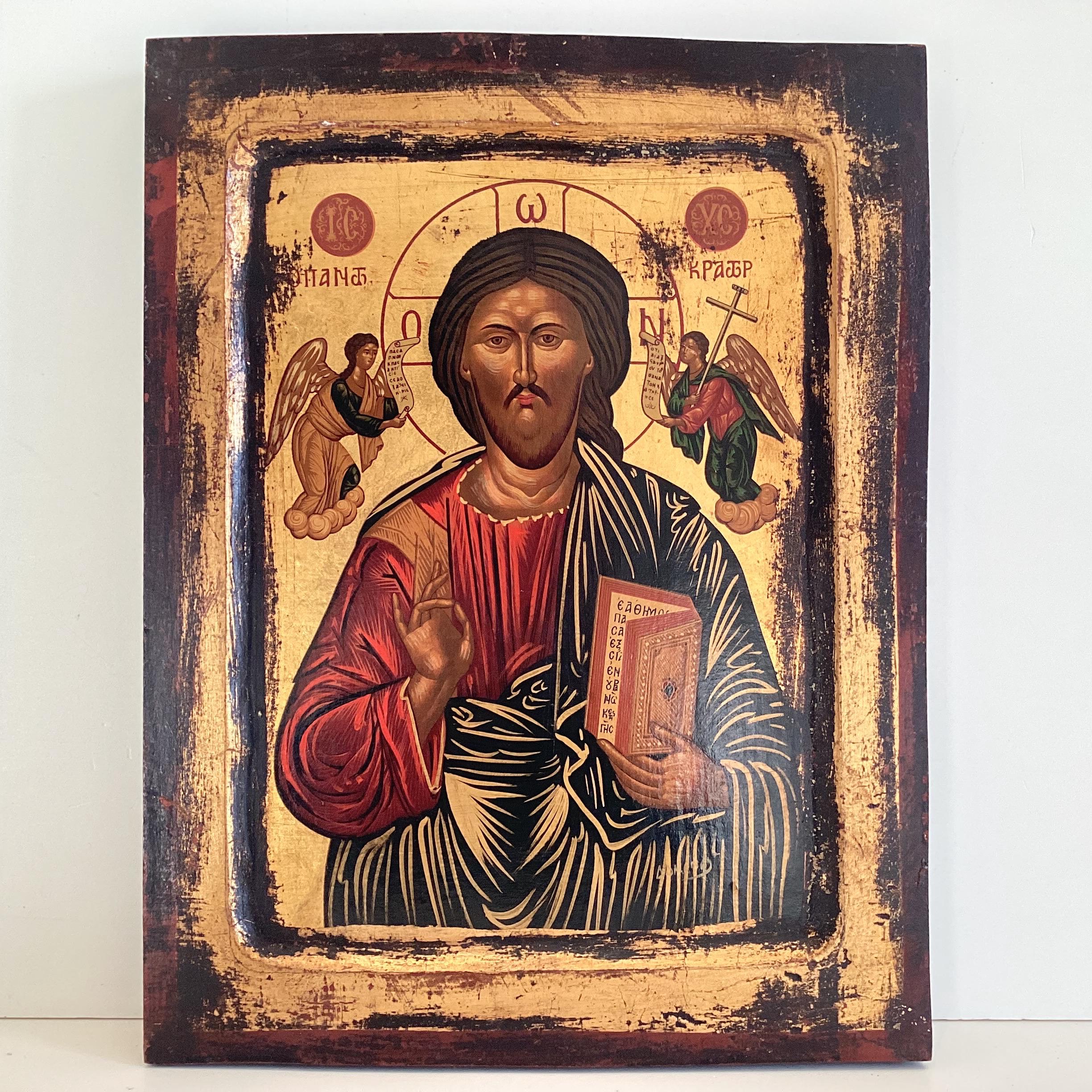 Vintage Orthodox Icon | 1950s Christ Pantocrator Greece, Egg Tempera Gold on Wood Certified — photo 3 of 11