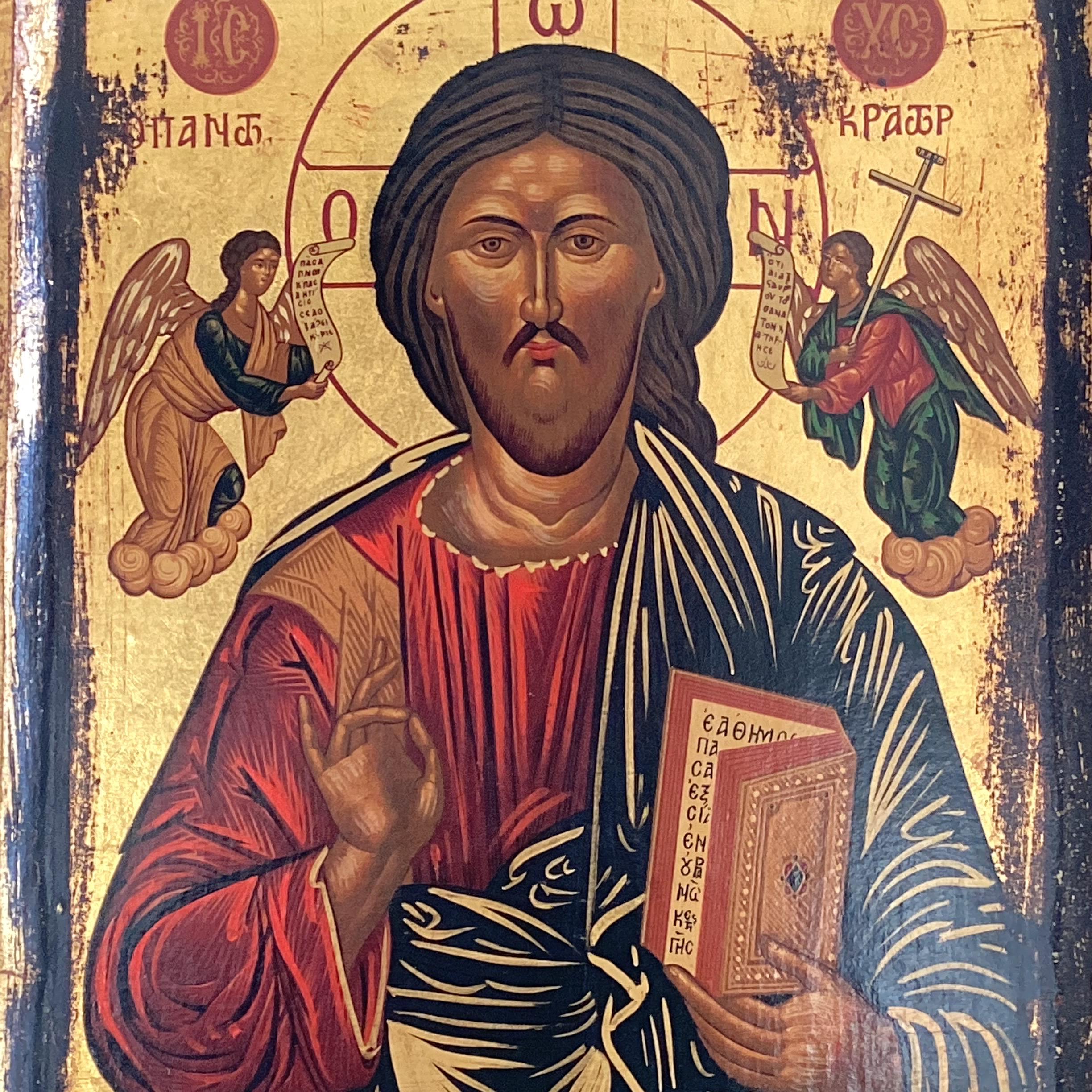 Vintage Orthodox Icon | 1950s Christ Pantocrator Greece, Egg Tempera Gold on Wood Certified — photo 4 of 11