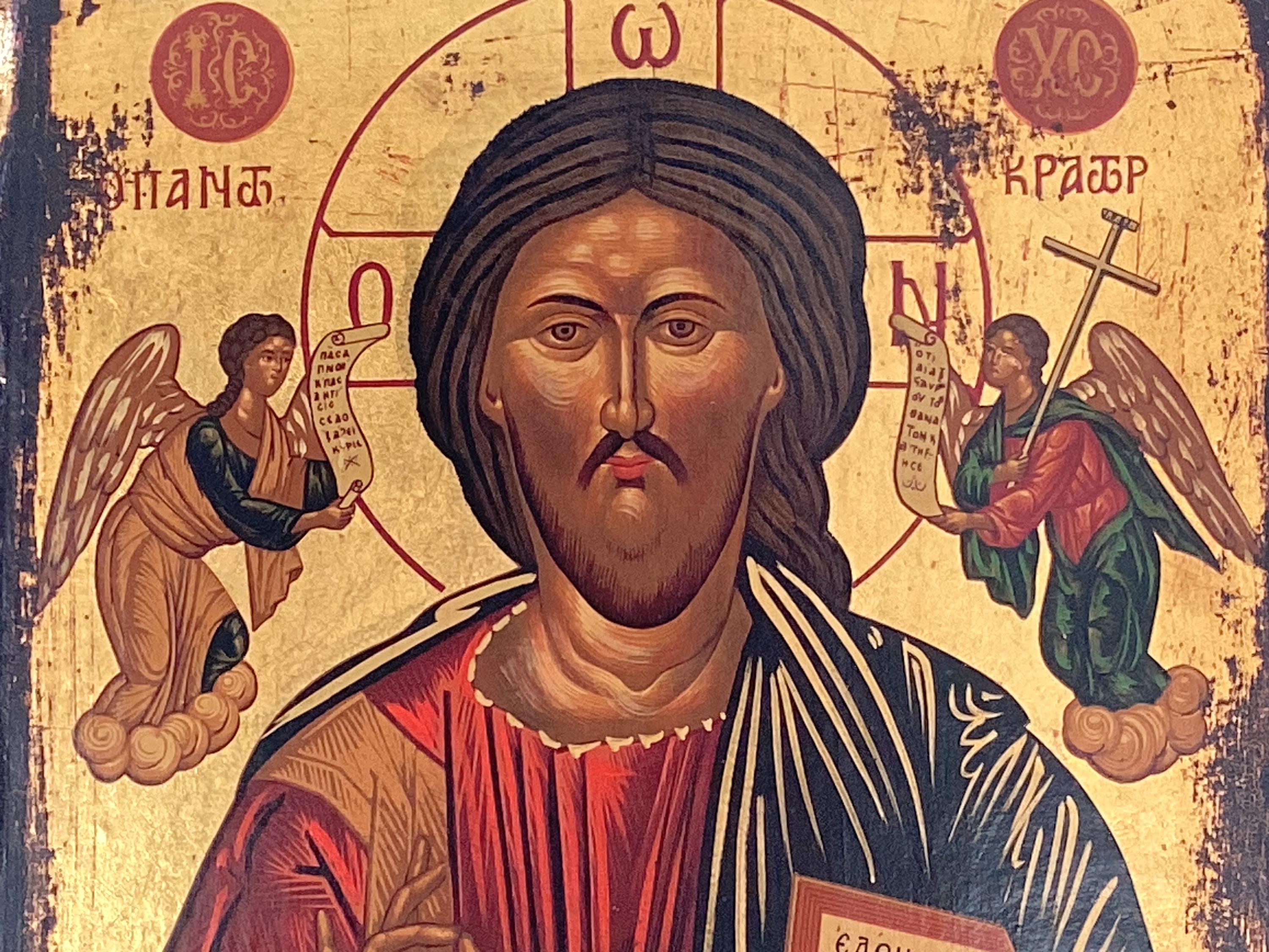 Vintage Orthodox Icon | 1950s Christ Pantocrator Greece, Egg Tempera Gold on Wood Certified — photo 5 of 11