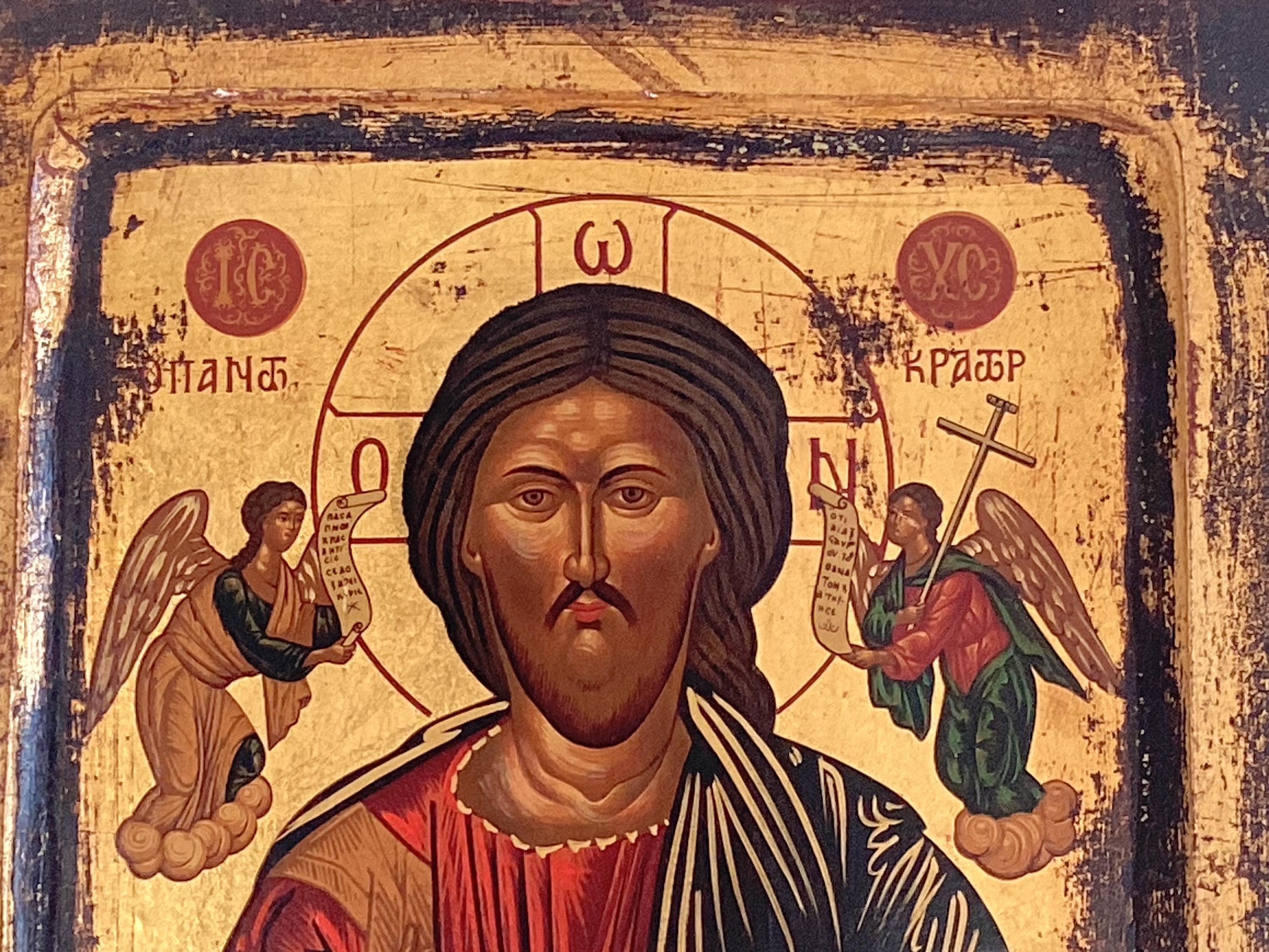Vintage Orthodox Icon | 1950s Christ Pantocrator Greece, Egg Tempera Gold on Wood Certified — photo 7 of 11