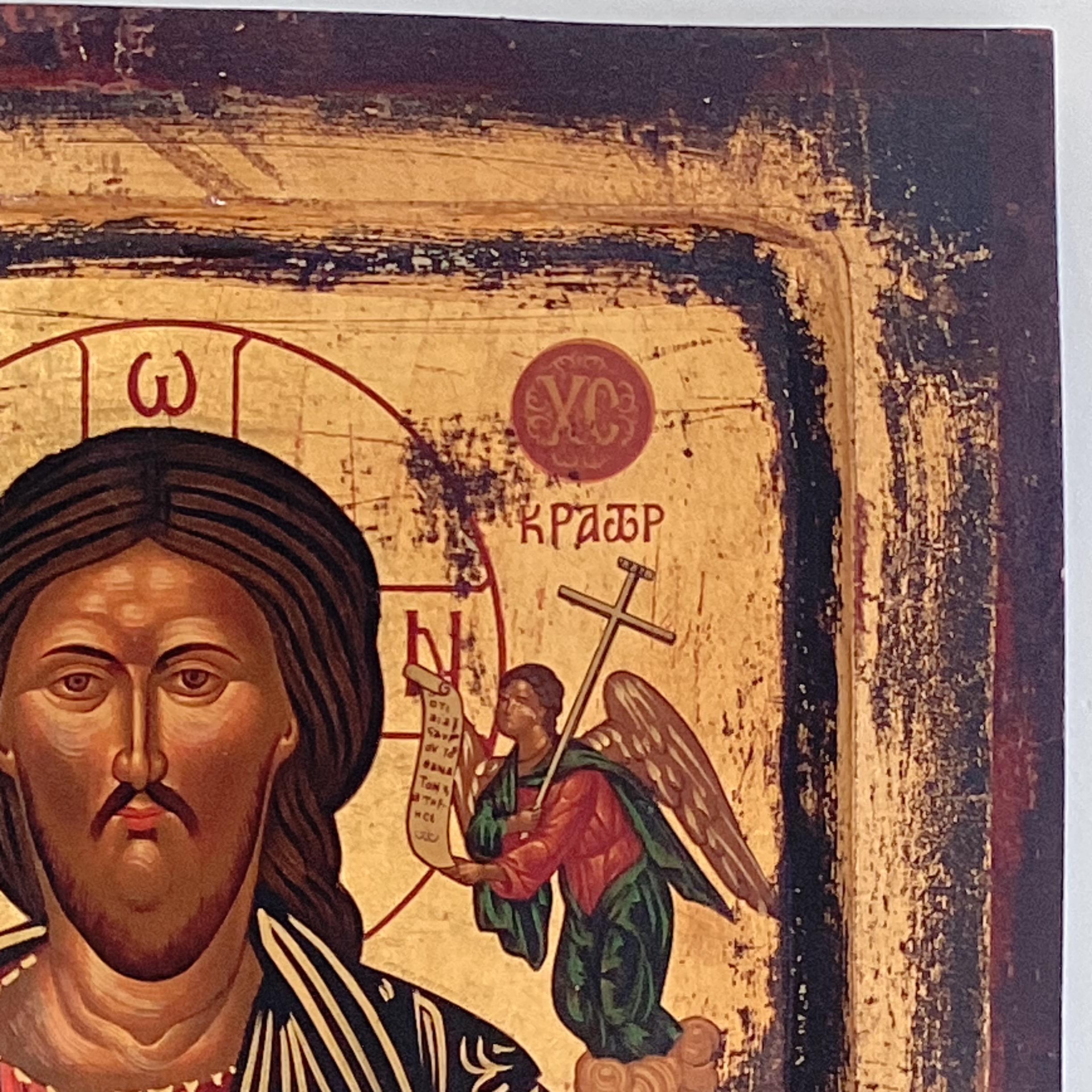 Vintage Orthodox Icon | 1950s Christ Pantocrator Greece, Egg Tempera Gold on Wood Certified — photo 8 of 11
