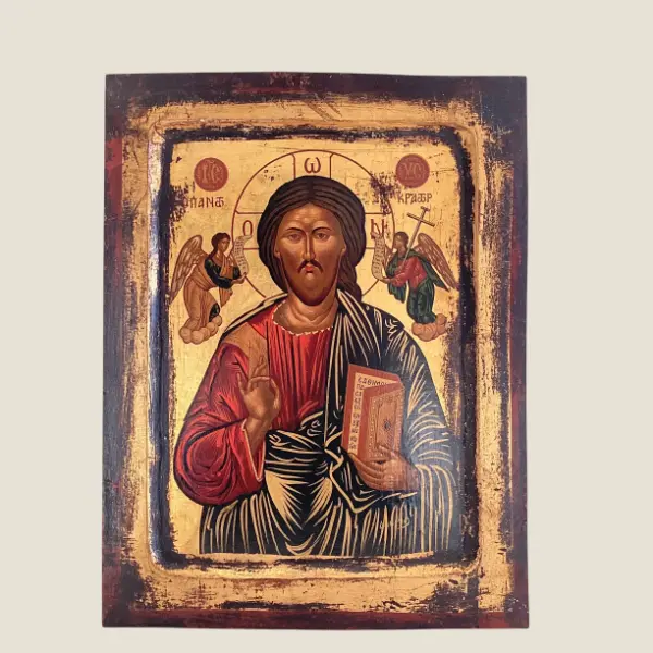 Vintage Orthodox Icon | 1950s Christ Pantocrator Greece, Egg Tempera Gold on Wood Certified