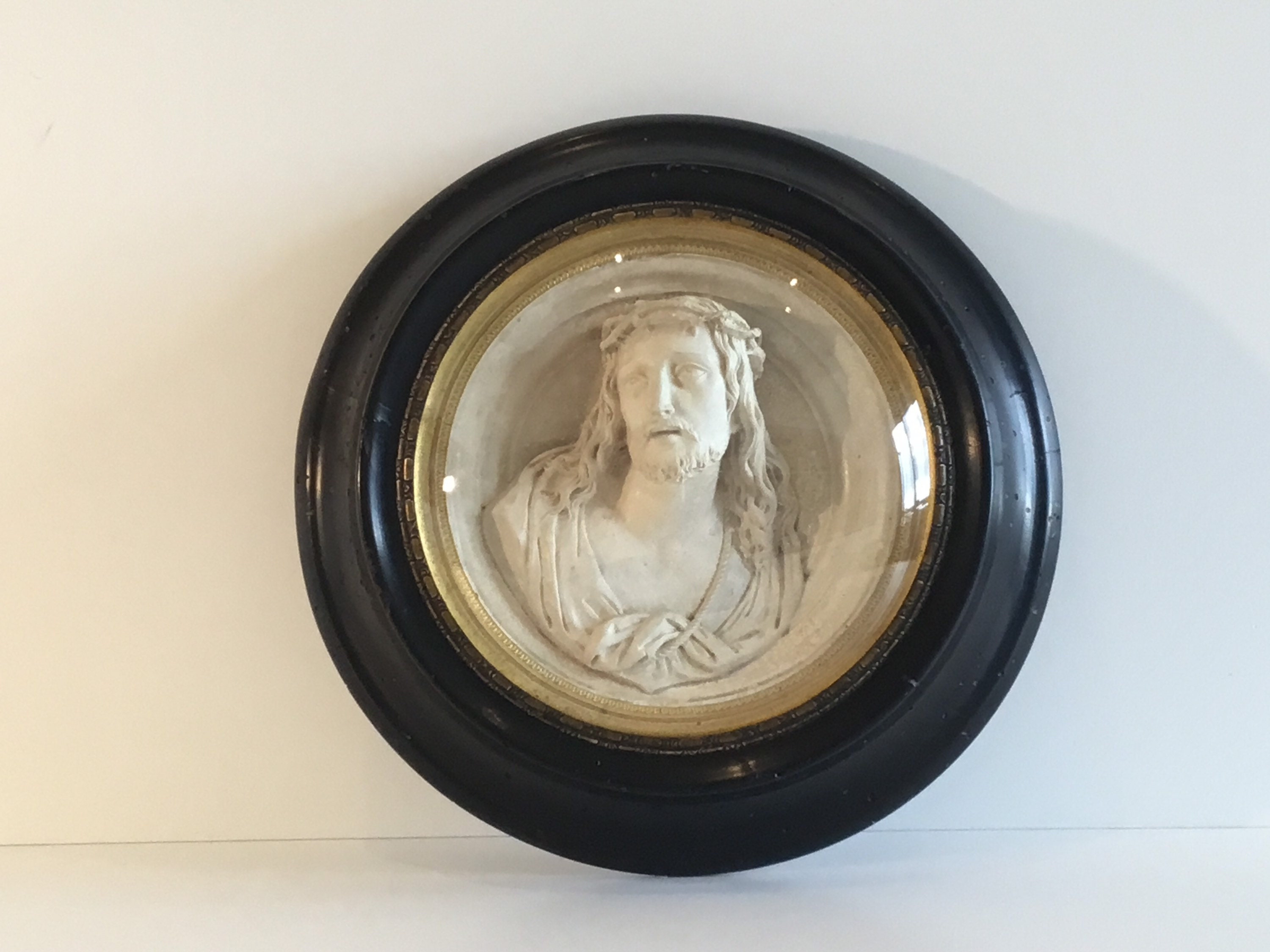 Antique Christ | Early 1800s French Plaster Medallion, Gilt Brass Frame with Original Glass — photo 2 of 8