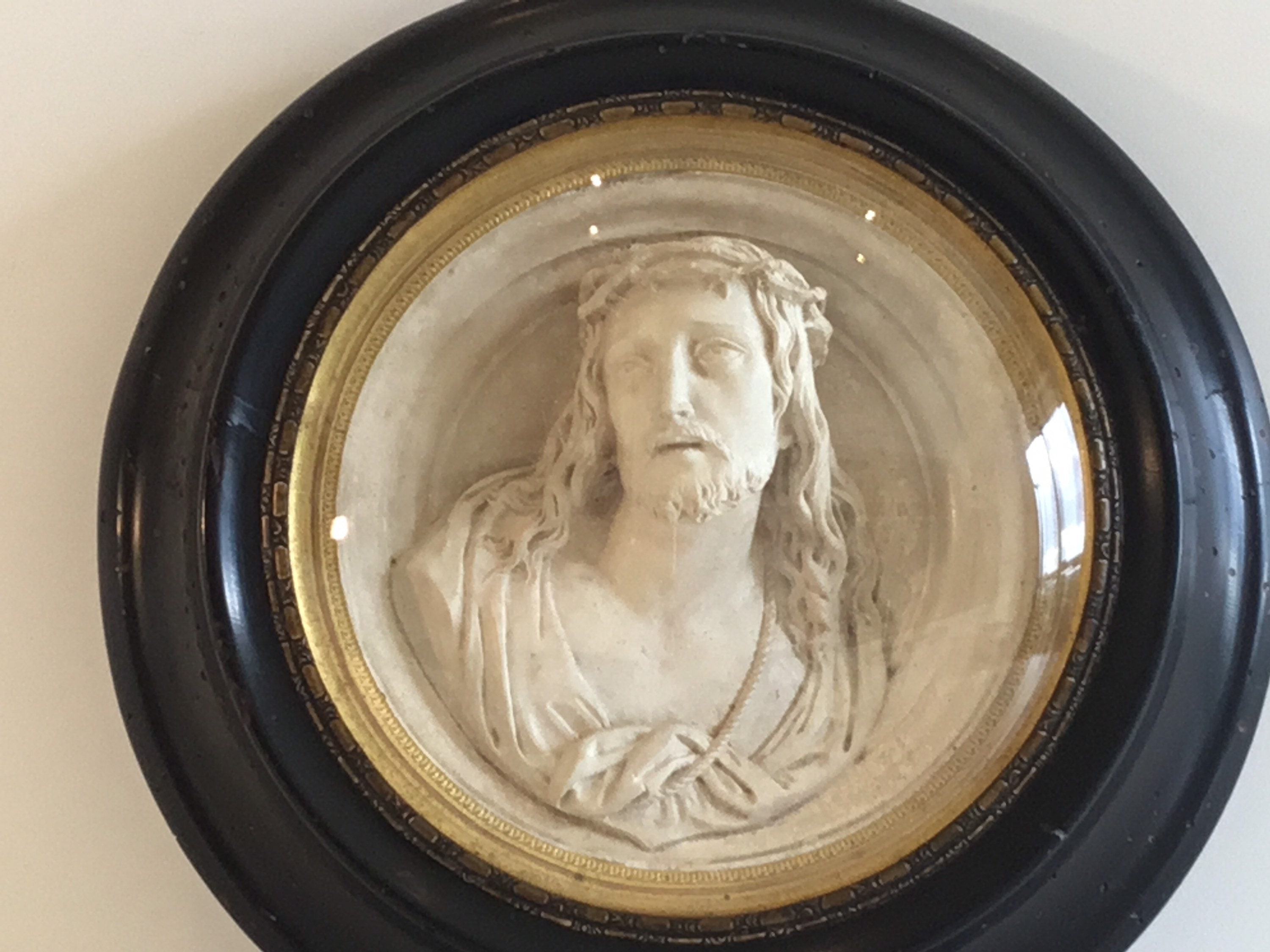 Antique Christ | Early 1800s French Plaster Medallion, Gilt Brass Frame with Original Glass — photo 3 of 8