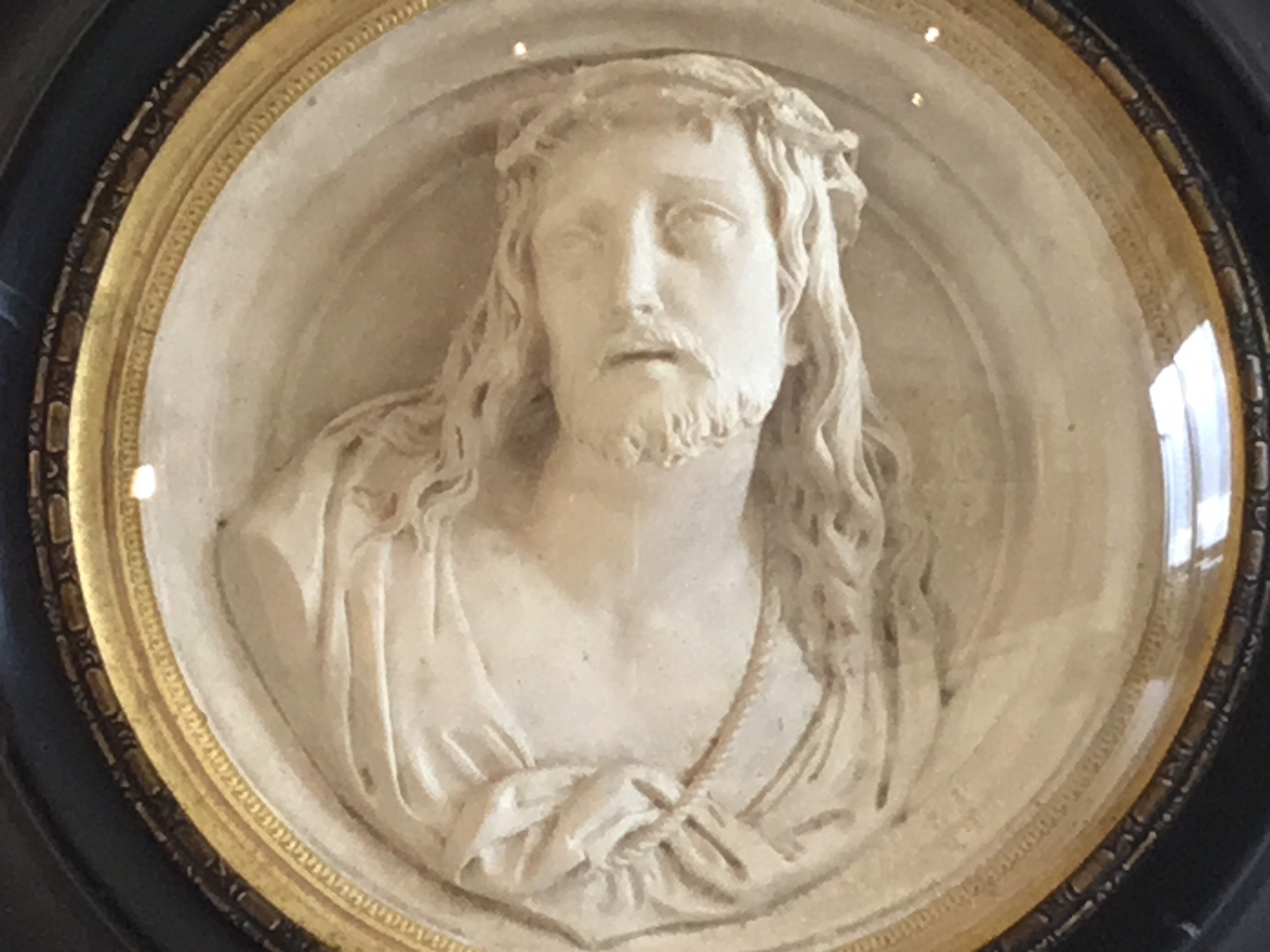 Antique Christ | Early 1800s French Plaster Medallion, Gilt Brass Frame with Original Glass — photo 4 of 8