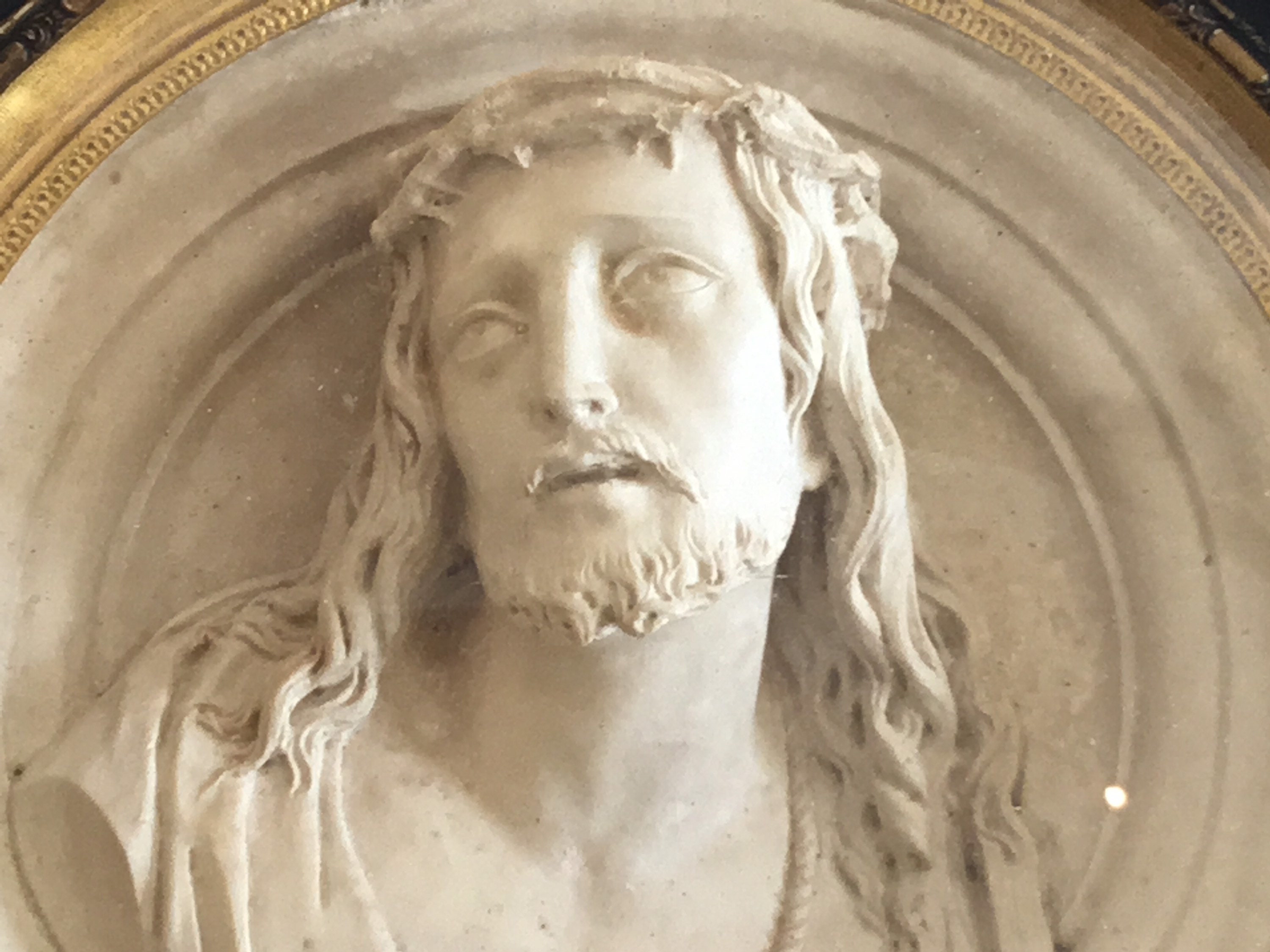 Antique Christ | Early 1800s French Plaster Medallion, Gilt Brass Frame with Original Glass — photo 5 of 8