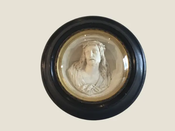 Antique Christ | Early 1800s French Plaster Medallion, Gilt Brass Frame with Original Glass