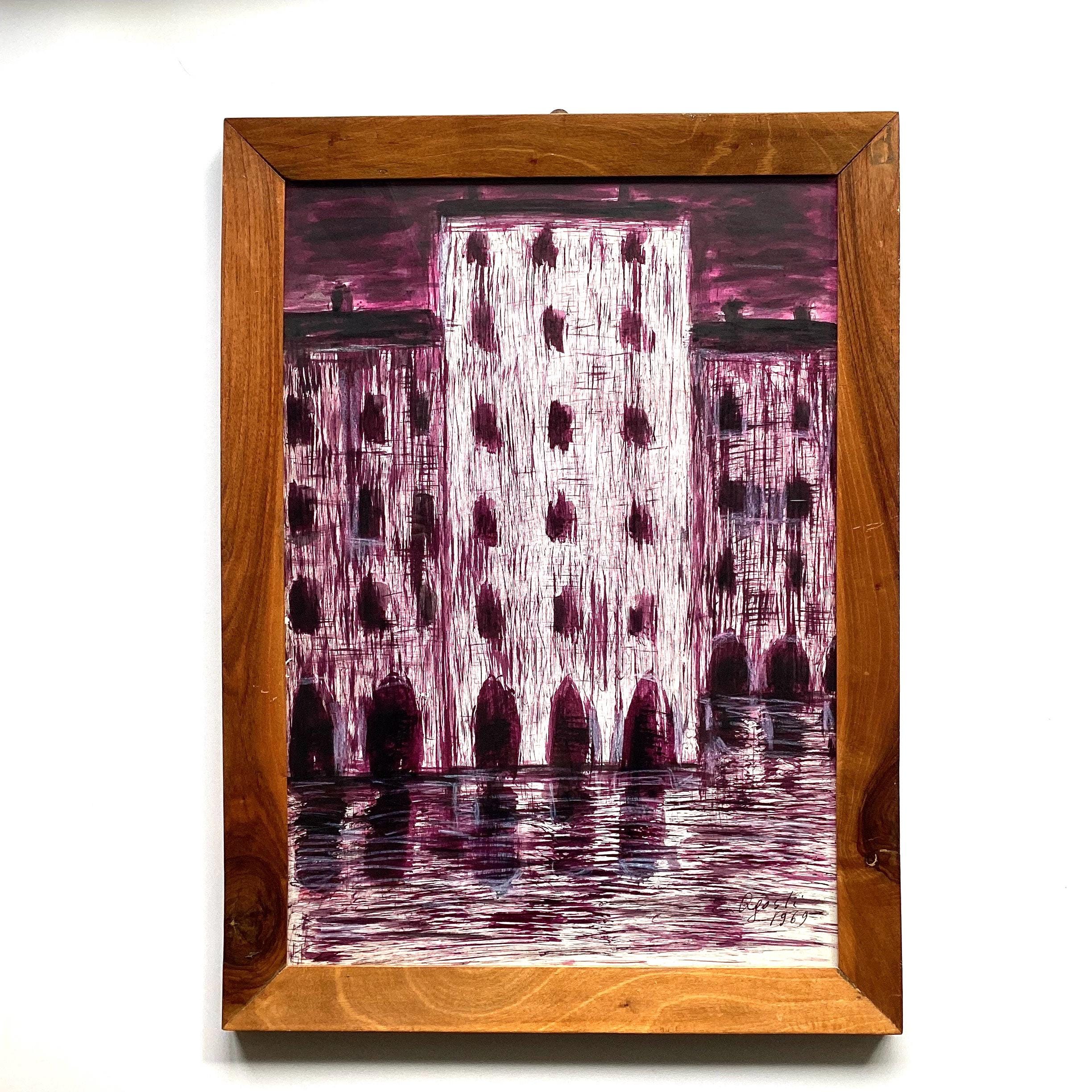 Vintage Painting | 1969 Agosti Italian Mixed Media, Ink on Cardboard Framed Art — photo 2 of 7