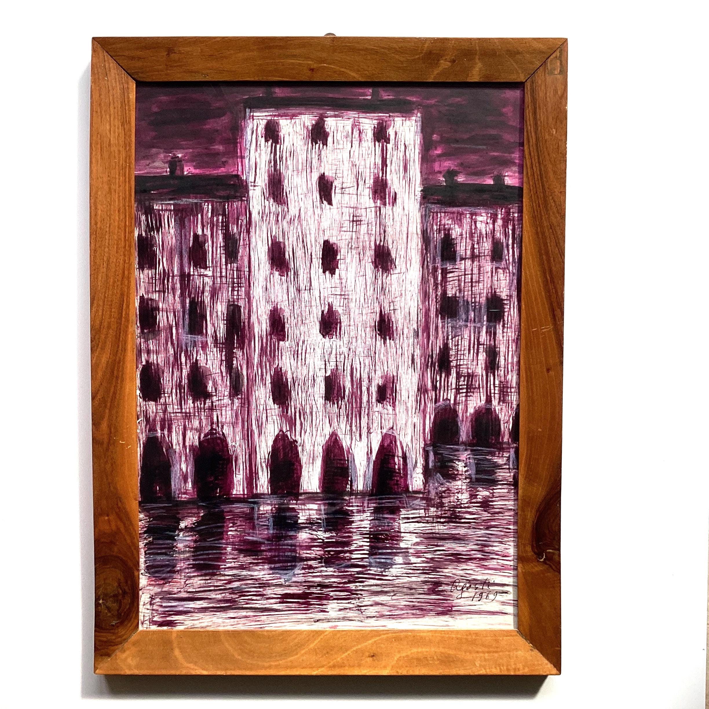 Vintage Painting | 1969 Agosti Italian Mixed Media, Ink on Cardboard Framed Art — photo 3 of 7