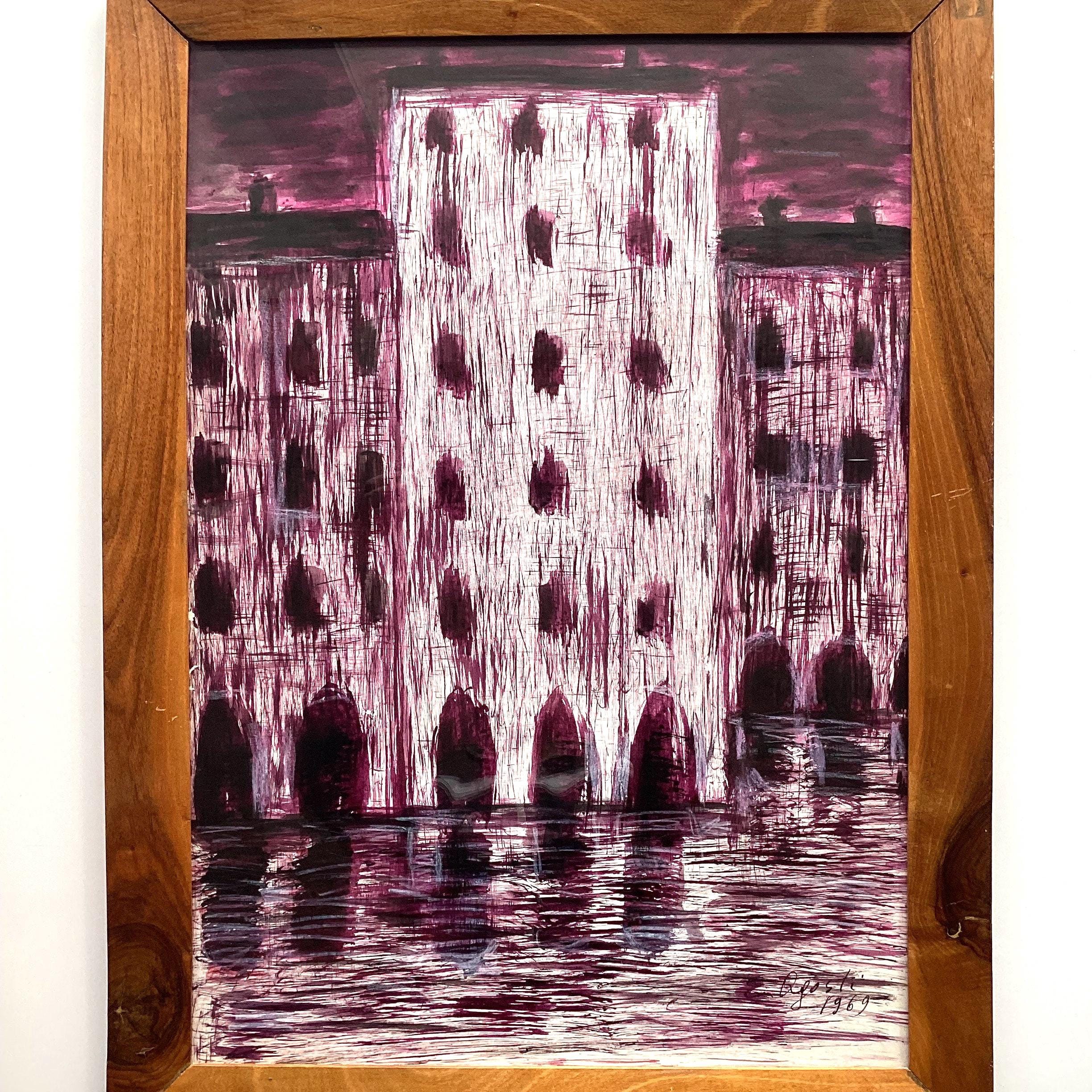 Vintage Painting | 1969 Agosti Italian Mixed Media, Ink on Cardboard Framed Art — photo 4 of 7