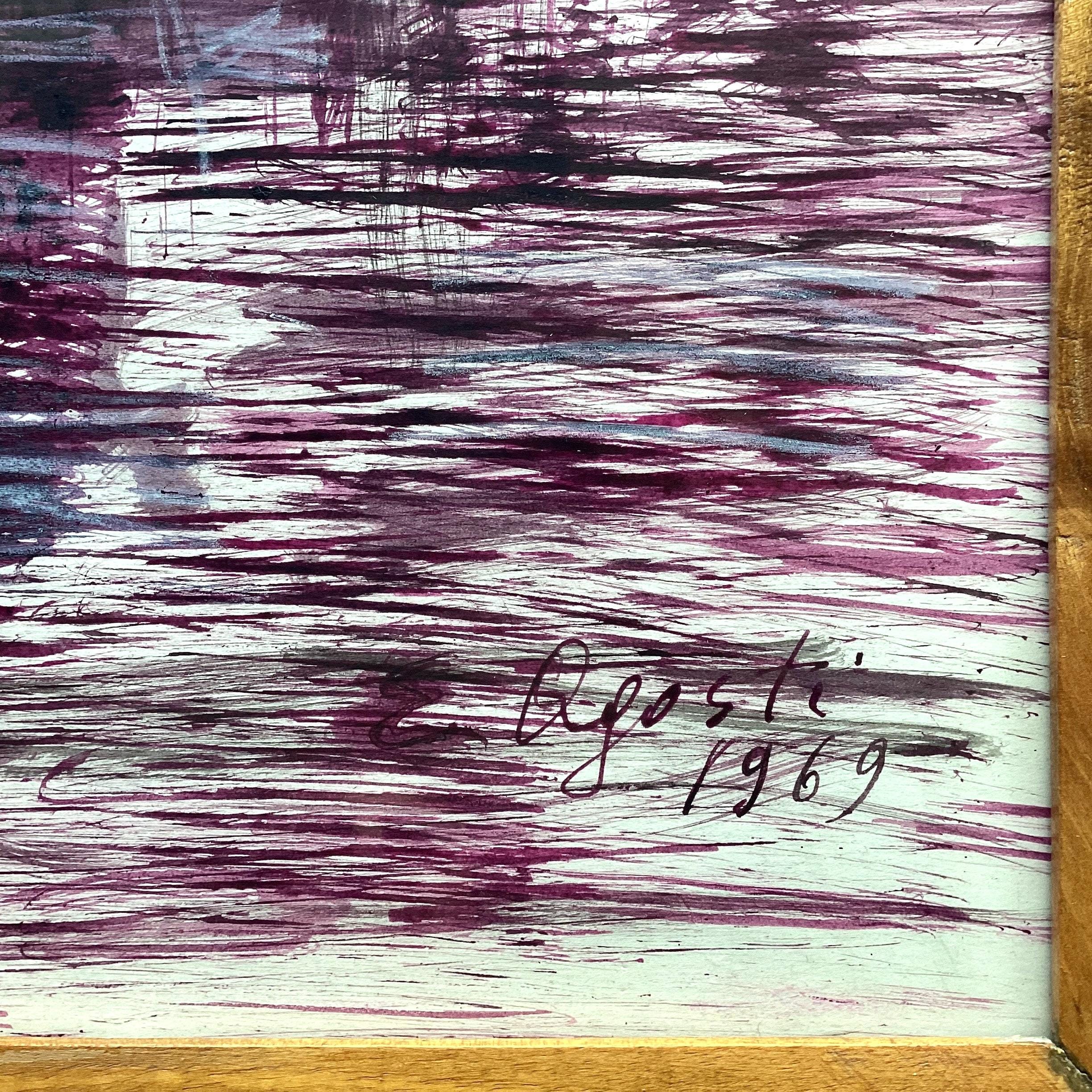 Vintage Painting | 1969 Agosti Italian Mixed Media, Ink on Cardboard Framed Art — photo 5 of 7