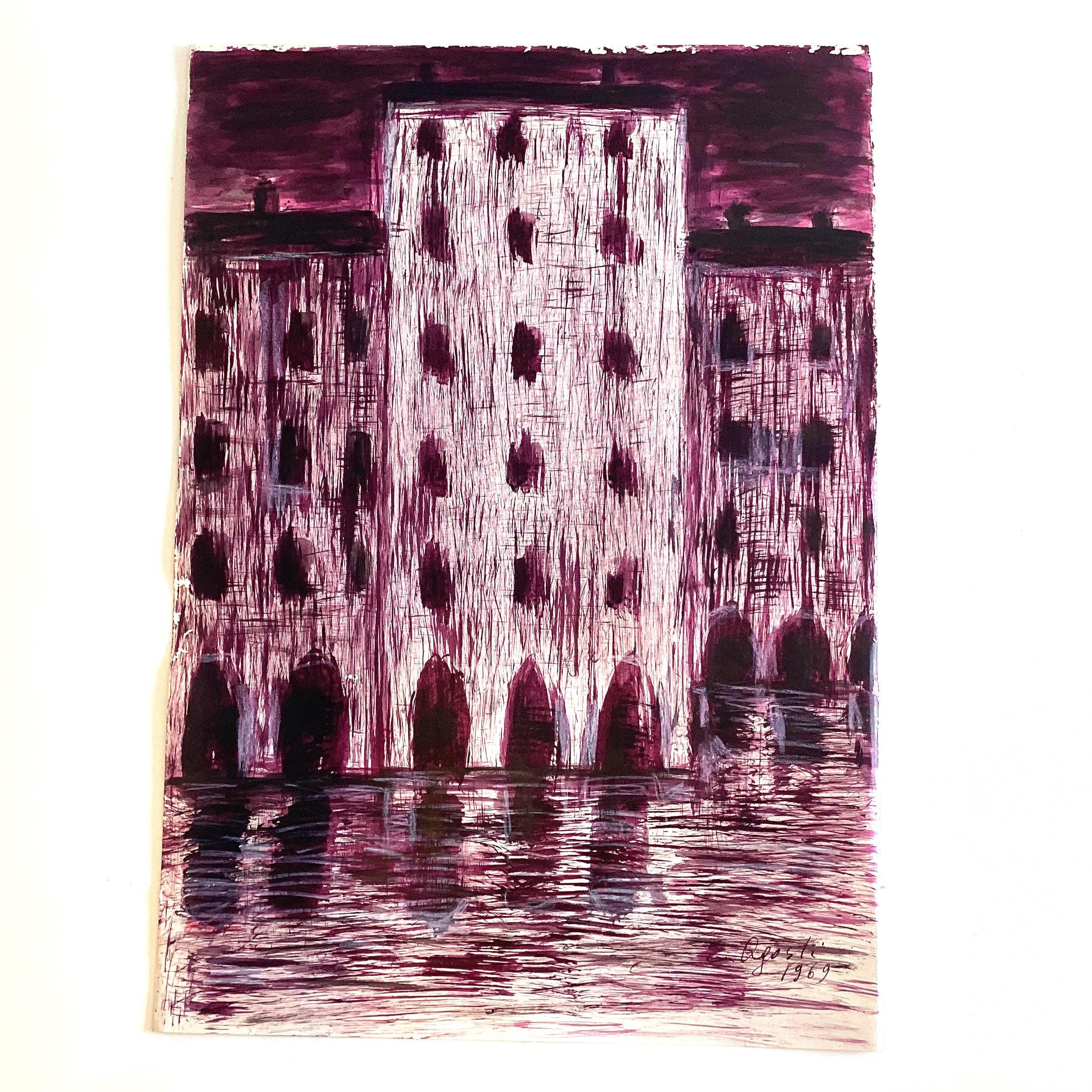 Vintage Painting | 1969 Agosti Italian Mixed Media, Ink on Cardboard Framed Art — photo 6 of 7