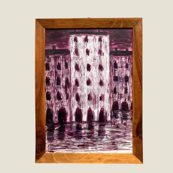 Vintage Painting | 1969 Agosti Italian Mixed Media, Ink on Cardboard Framed Art