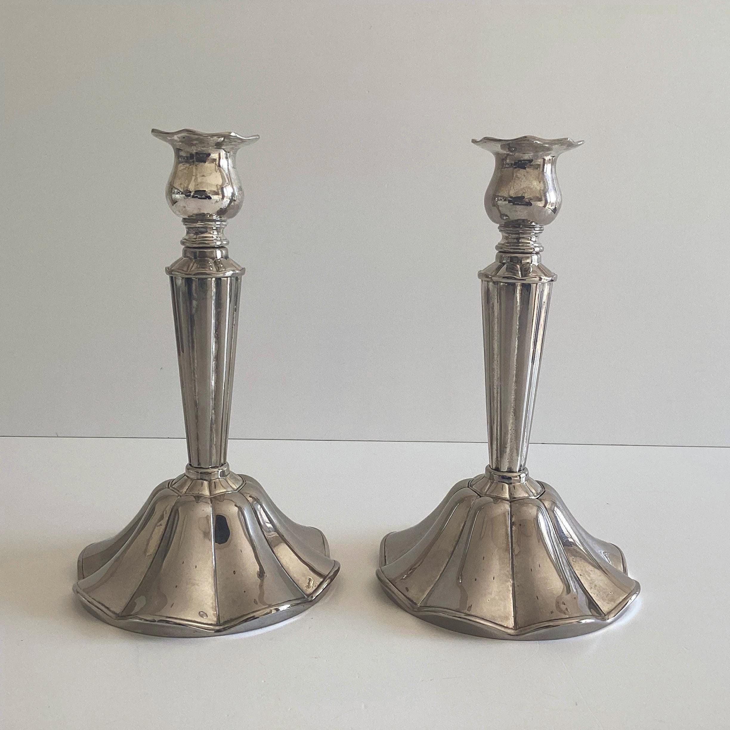 Vintage Hollywood Regency Candlesticks | 1970s Silver Plated Pair, Glamour Home Decor — photo 6 of 10