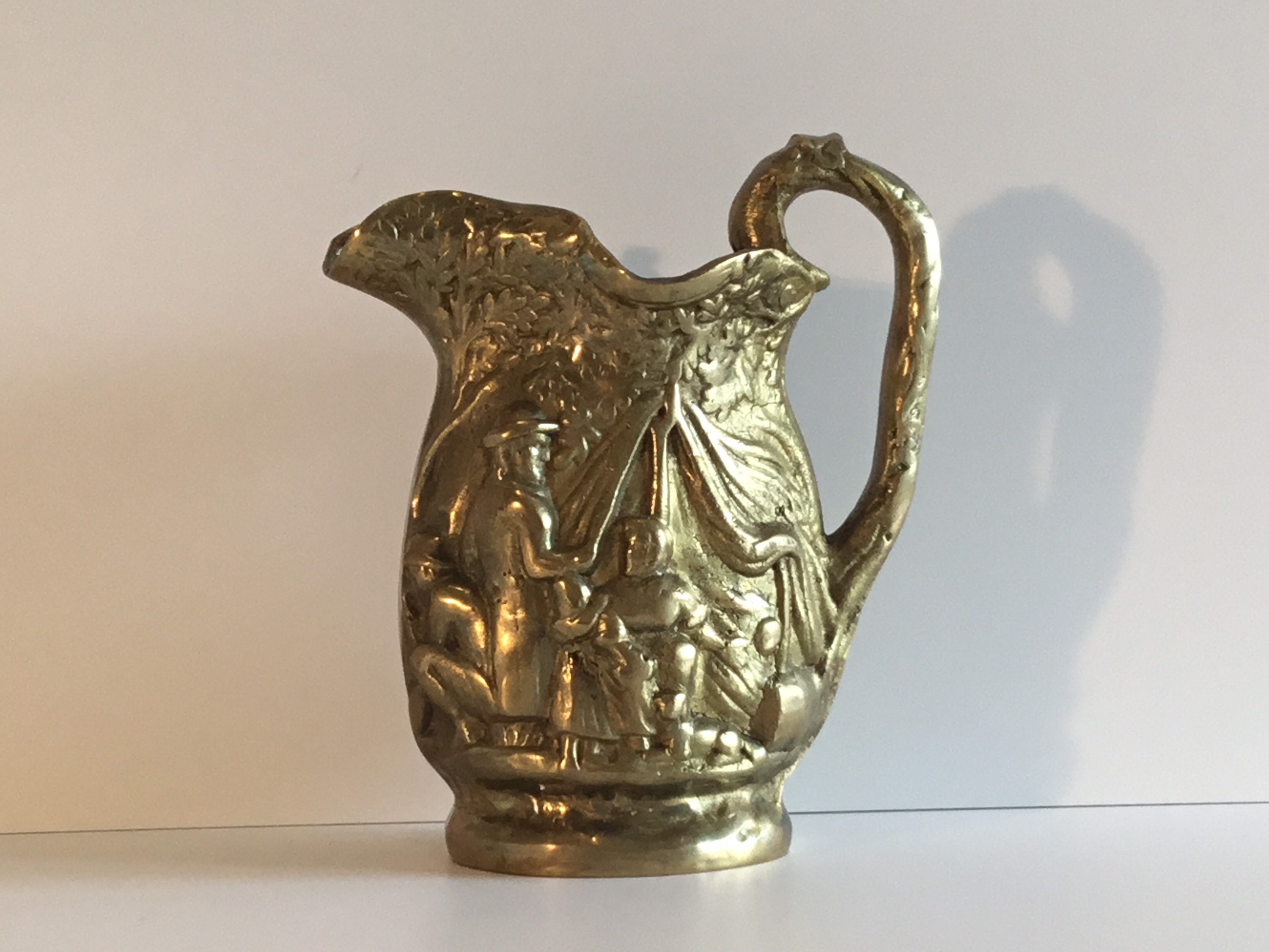 Vintage Bronze Carafe | 1930s German Peasant Family Scene, Minimalist Style Jug — photo 2 of 9
