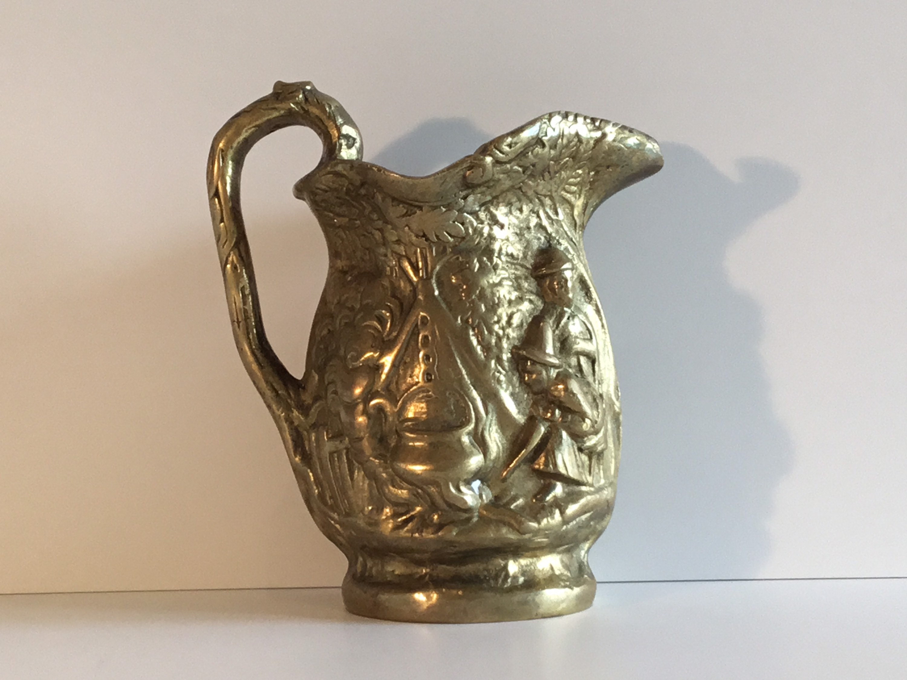 Vintage Bronze Carafe | 1930s German Peasant Family Scene, Minimalist Style Jug — photo 3 of 9
