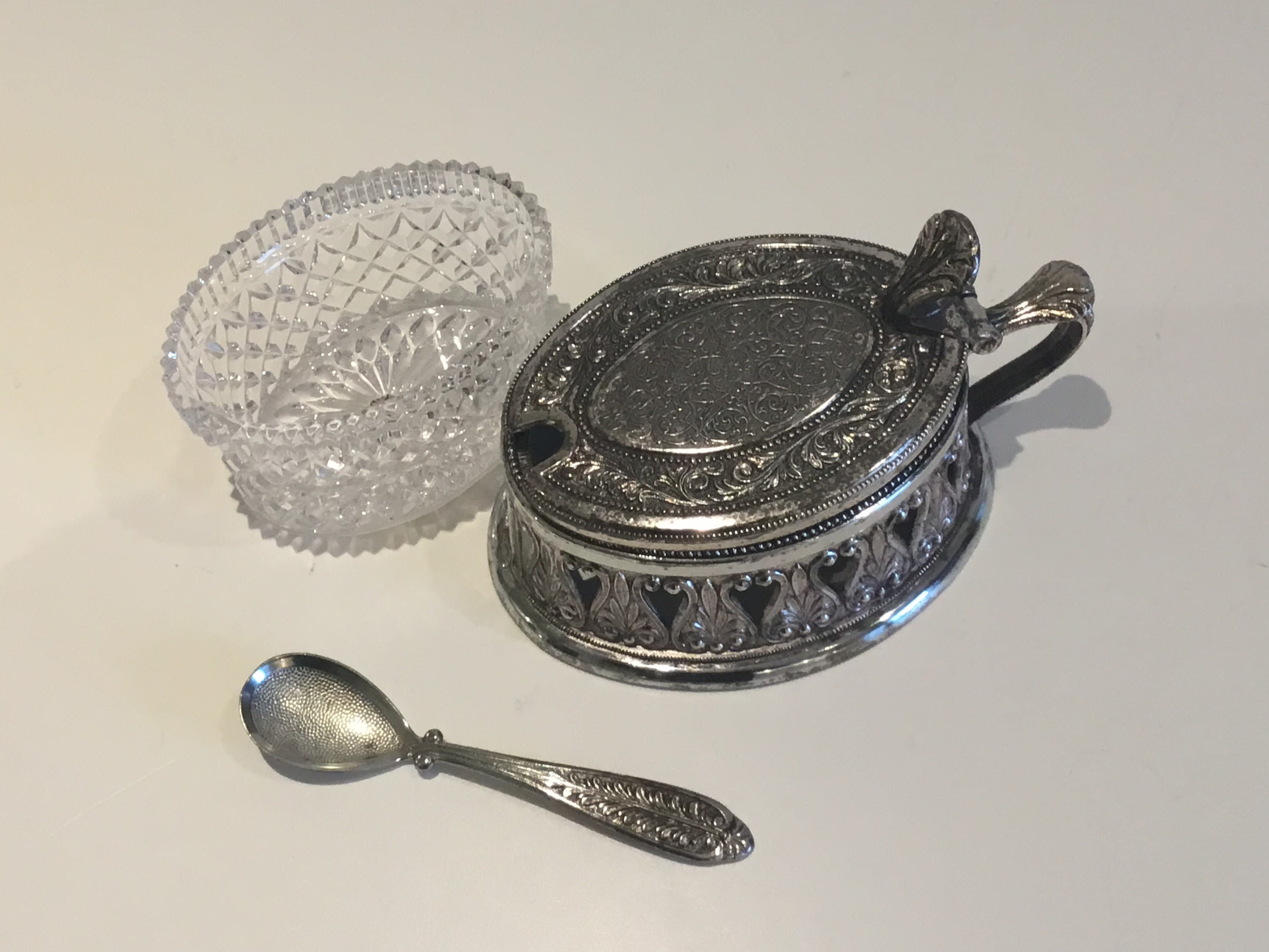 Antique Container | 1900s Italian Silver Plated Box with Crystal Insert — photo 2 of 8