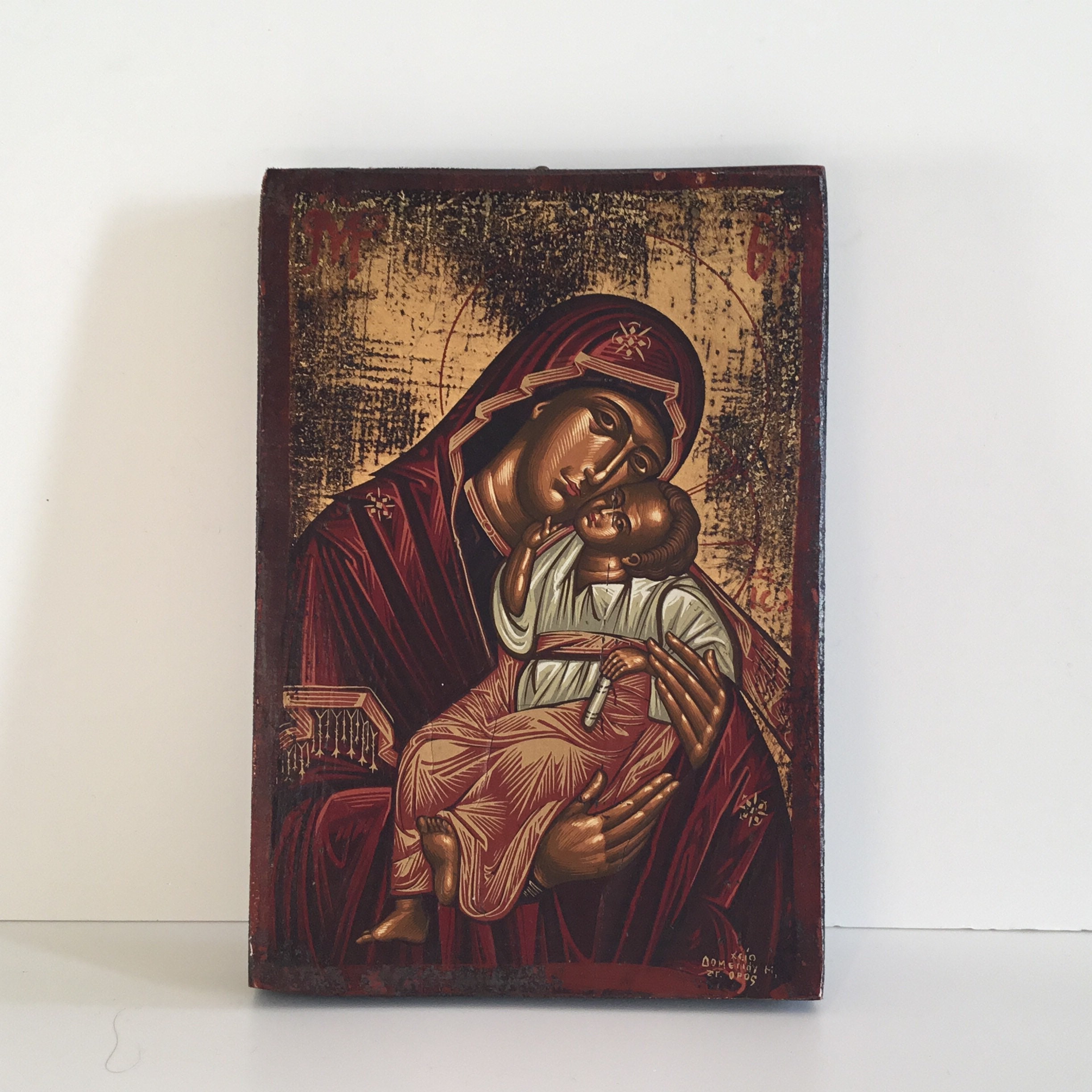 Vintage Greek Icon | 1950s Mother of Tenderness, Hand-Painted Tempera Gold on Wood — photo 2 of 8