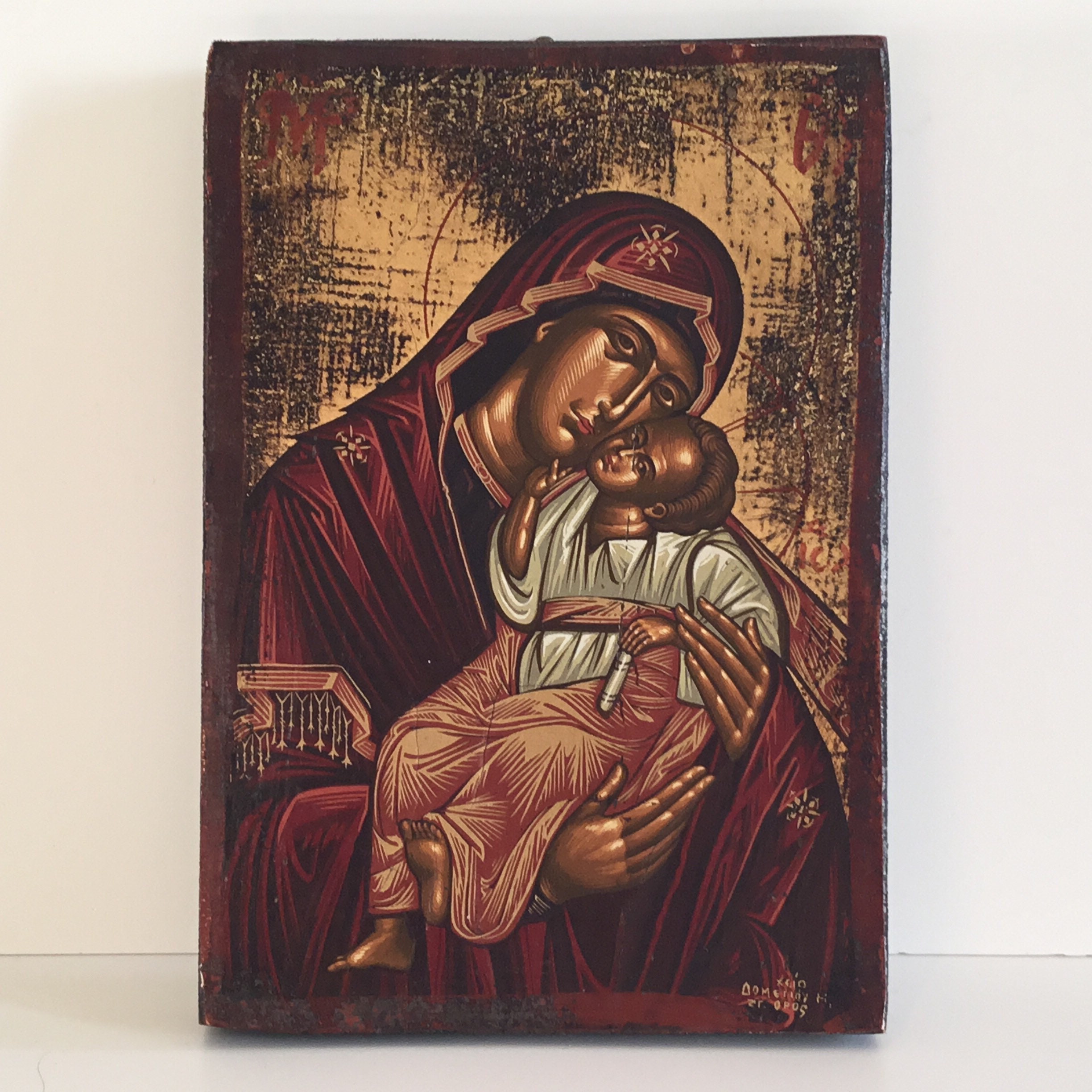 Vintage Greek Icon | 1950s Mother of Tenderness, Hand-Painted Tempera Gold on Wood — photo 3 of 8