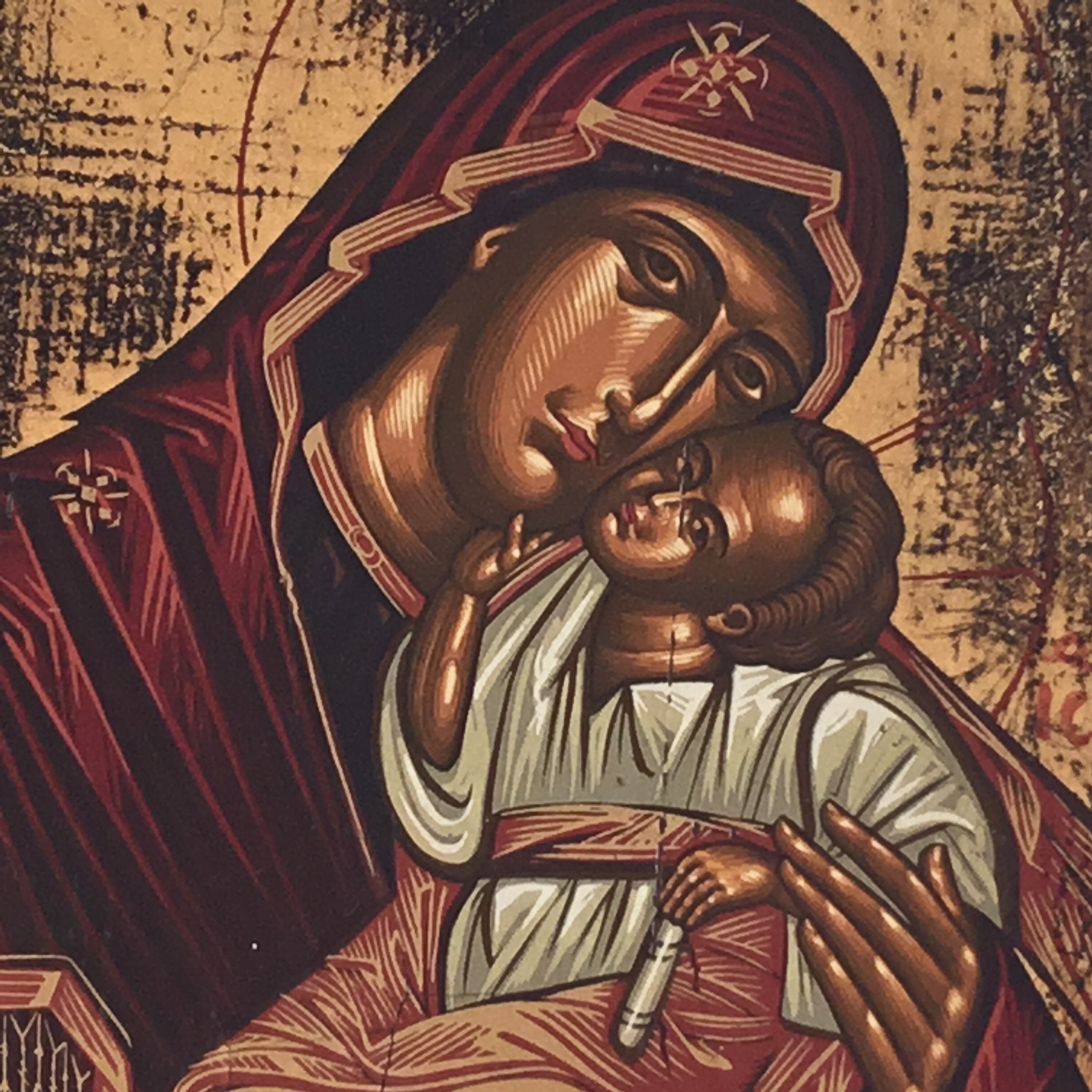 Vintage Greek Icon | 1950s Mother of Tenderness, Hand-Painted Tempera Gold on Wood — photo 4 of 8