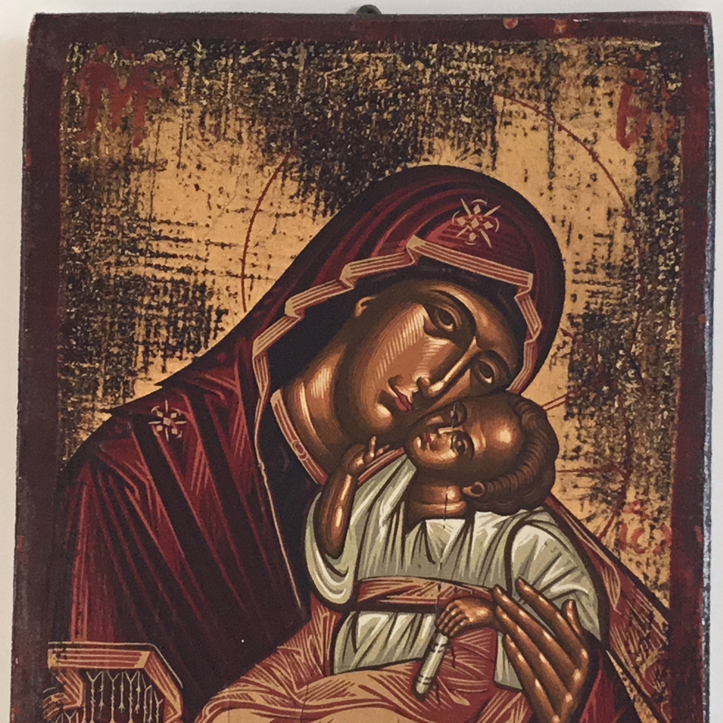Vintage Greek Icon | 1950s Mother of Tenderness, Hand-Painted Tempera Gold on Wood — photo 5 of 8