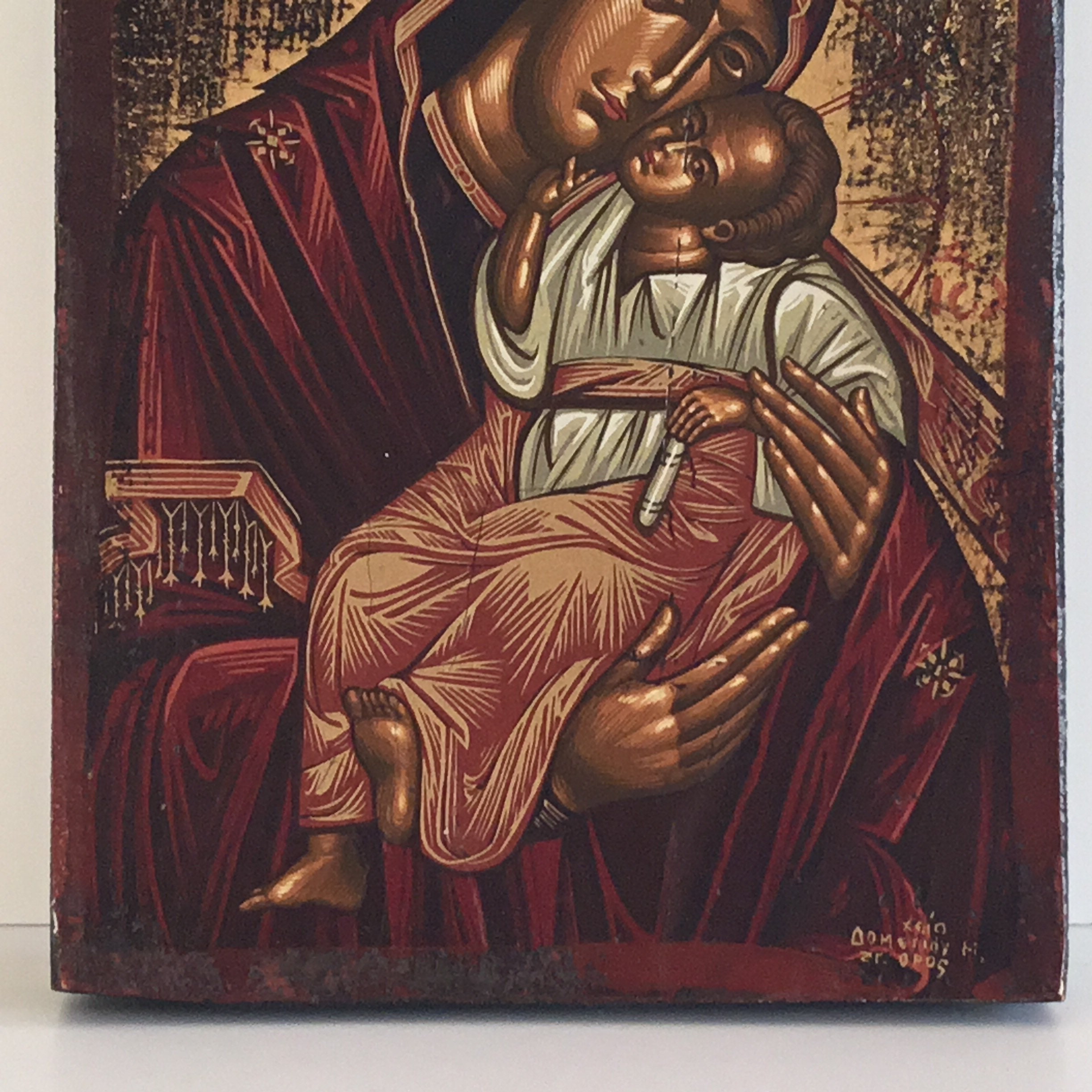 Vintage Greek Icon | 1950s Mother of Tenderness, Hand-Painted Tempera Gold on Wood — photo 6 of 8