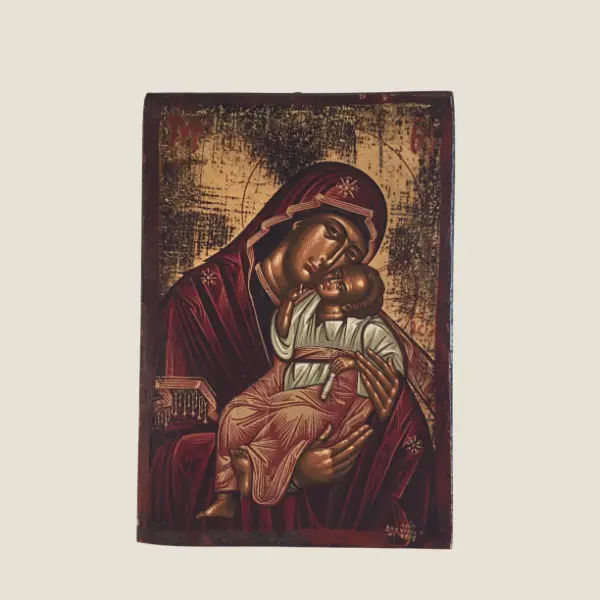 Vintage Greek Icon | 1950s Mother of Tenderness, Hand-Painted Tempera Gold on Wood