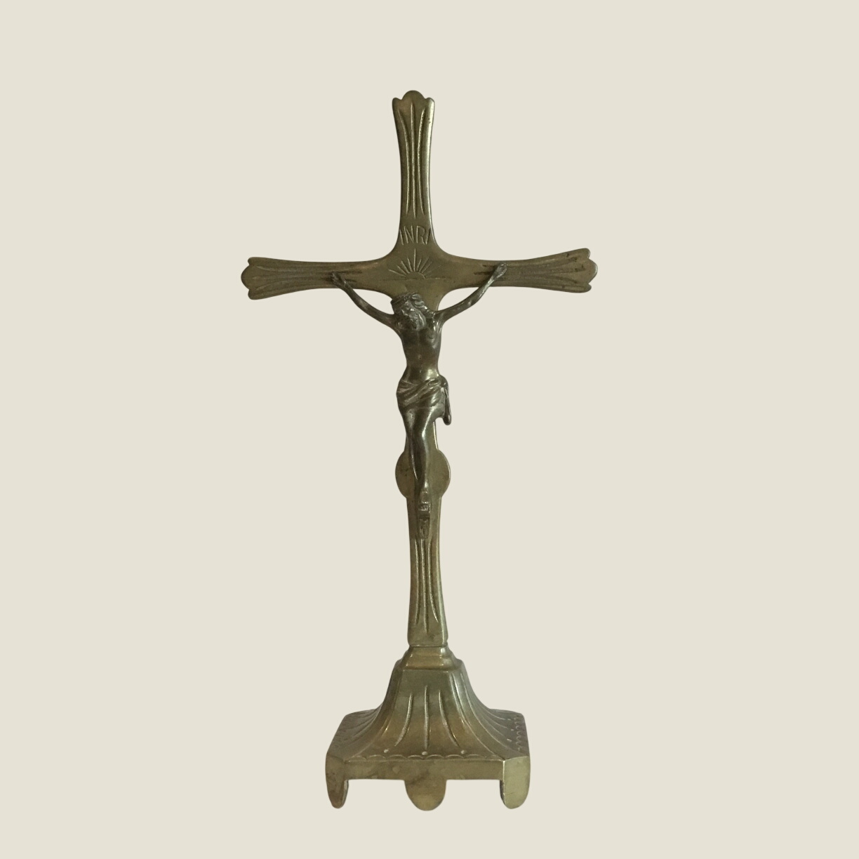 Antique Crucifix | 1900s Brass Altar Cross, Marked DL Registered Liturgical Art,