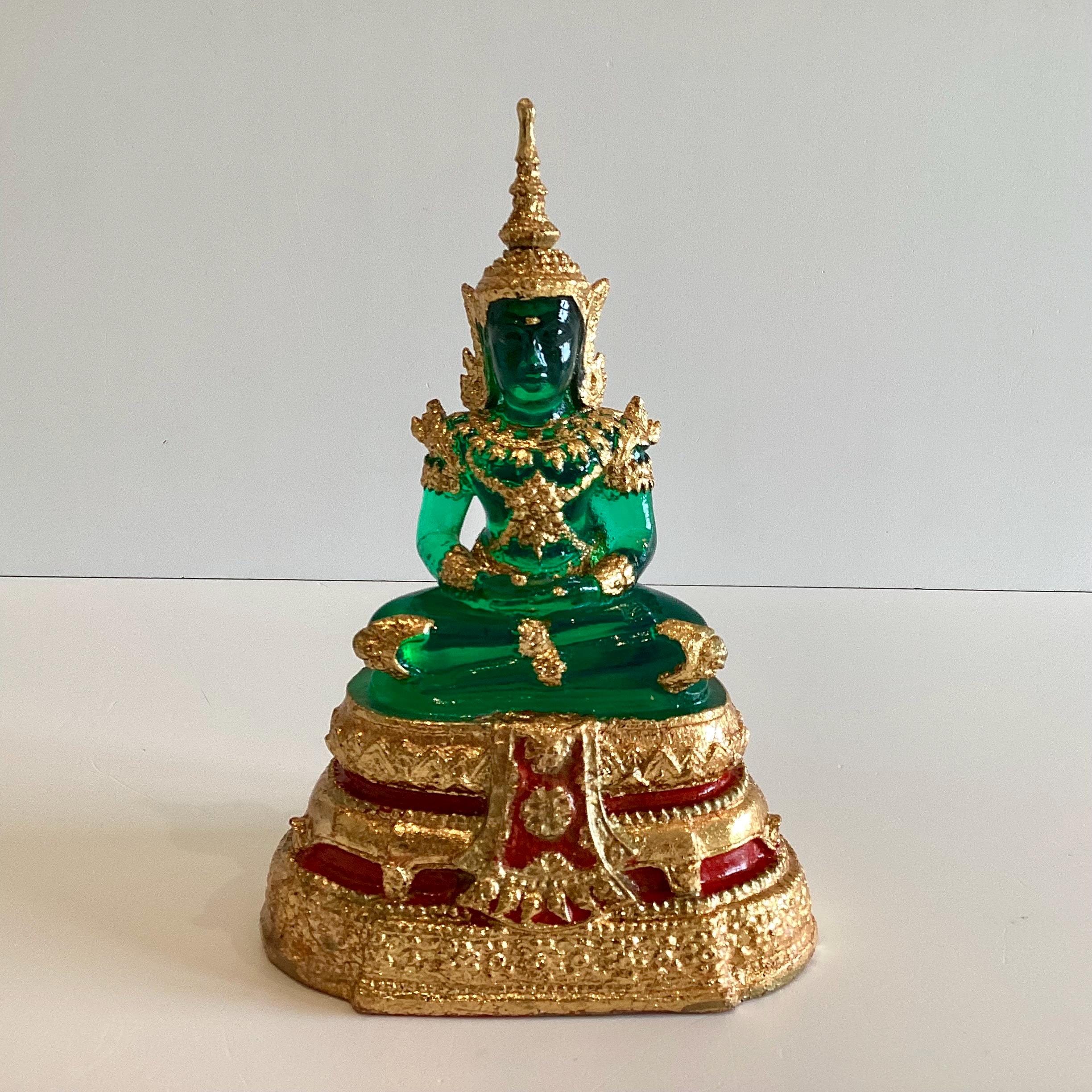 Vintage Thai Buddha | 1970s Solid Transparent Jade Resin, Gold Leaf Temple Sculpture — photo 2 of 10