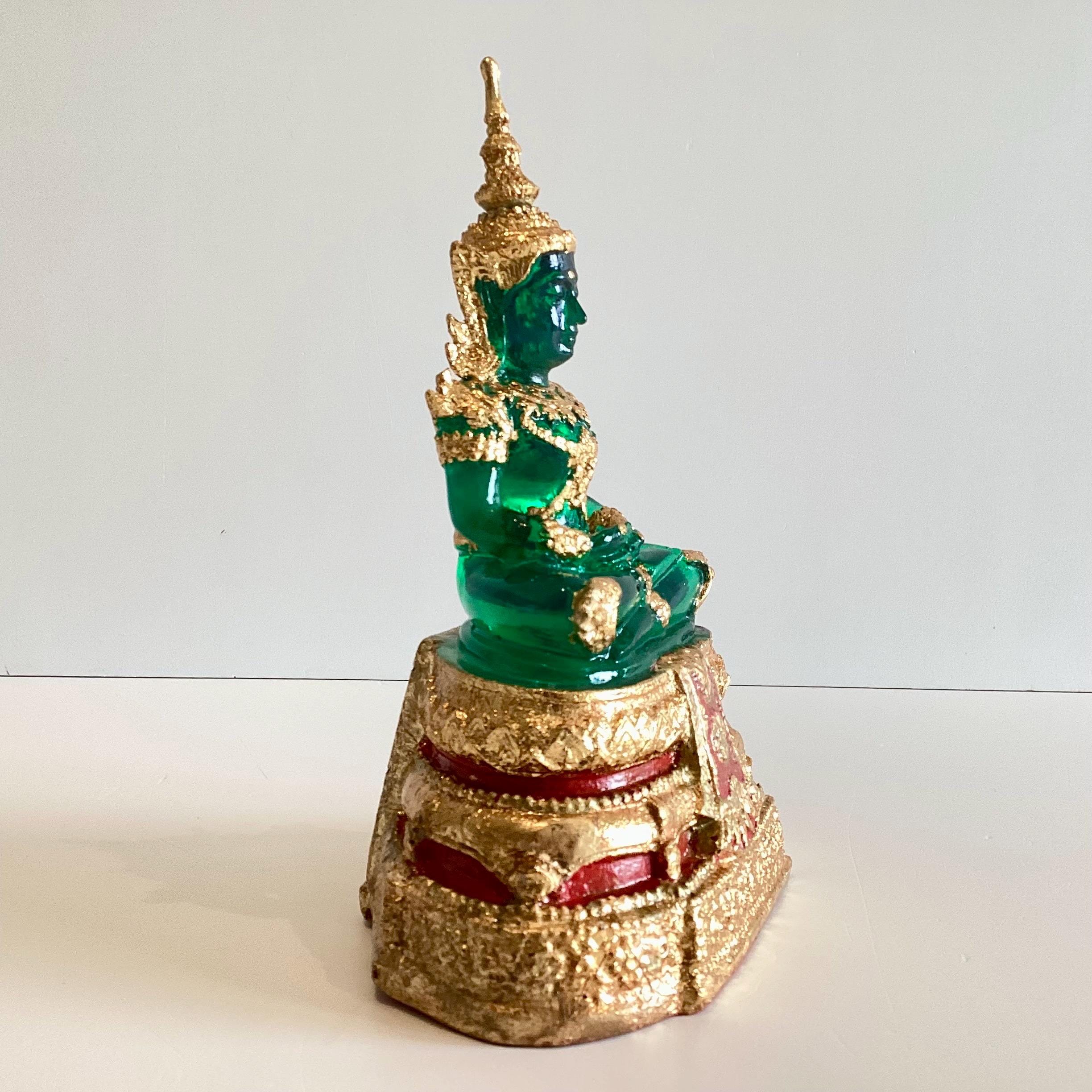 Vintage Thai Buddha | 1970s Solid Transparent Jade Resin, Gold Leaf Temple Sculpture — photo 7 of 10