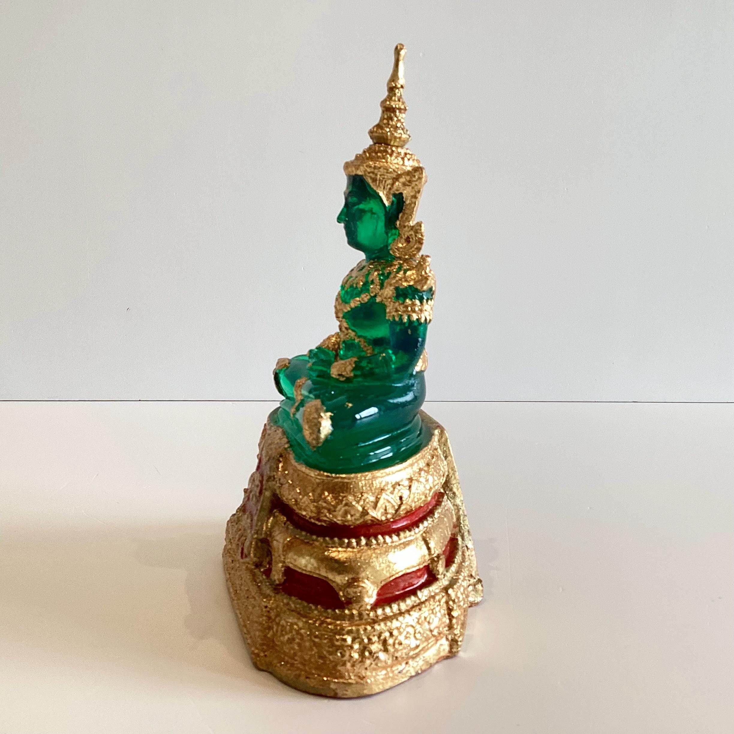 Vintage Thai Buddha | 1970s Solid Transparent Jade Resin, Gold Leaf Temple Sculpture — photo 9 of 10