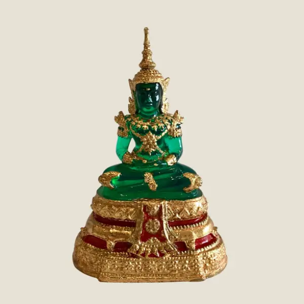 Vintage Thai Buddha | 1970s Solid Transparent Jade Resin, Gold Leaf Temple Sculpture