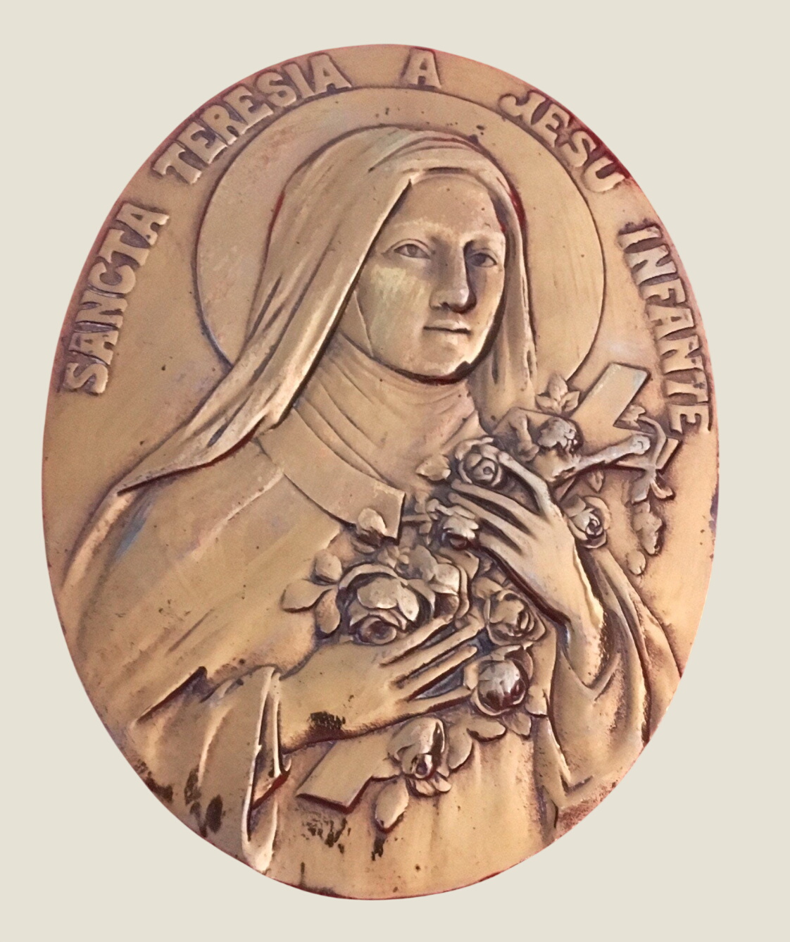 Antique French religious gold bronze plaque (Sancta Teresia A Jesu Infante)
