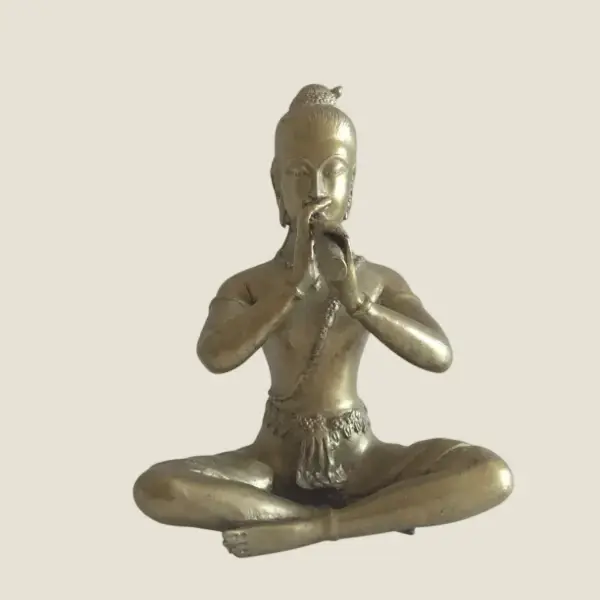Vintage Bronze Figurine | 1940s Thai Flute Player, Asian Divinity Handmade Statue